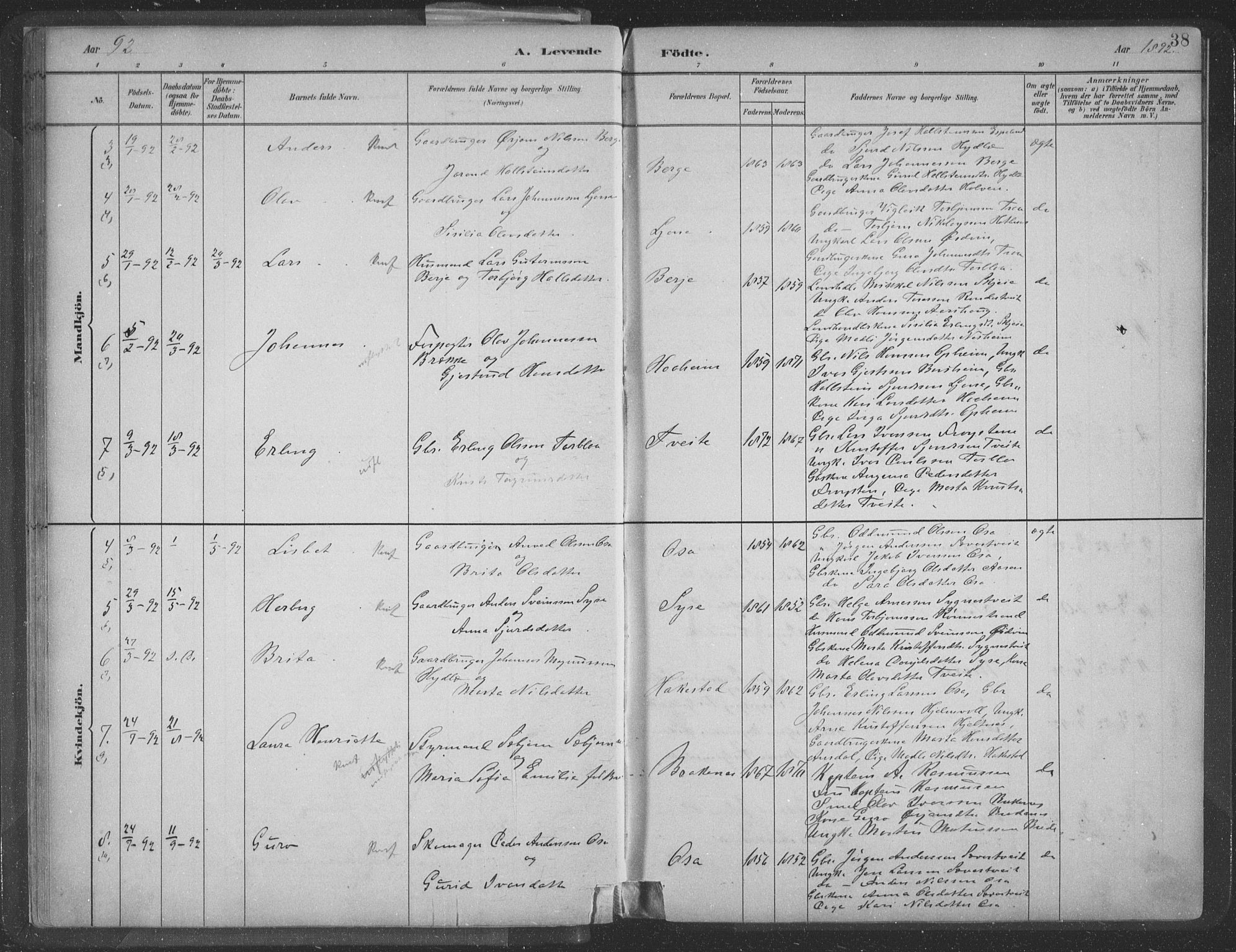 Ulvik sokneprestembete, SAB/A-78801/H/Hab: Parish register (copy) no. A 3, 1883-1908, p. 38