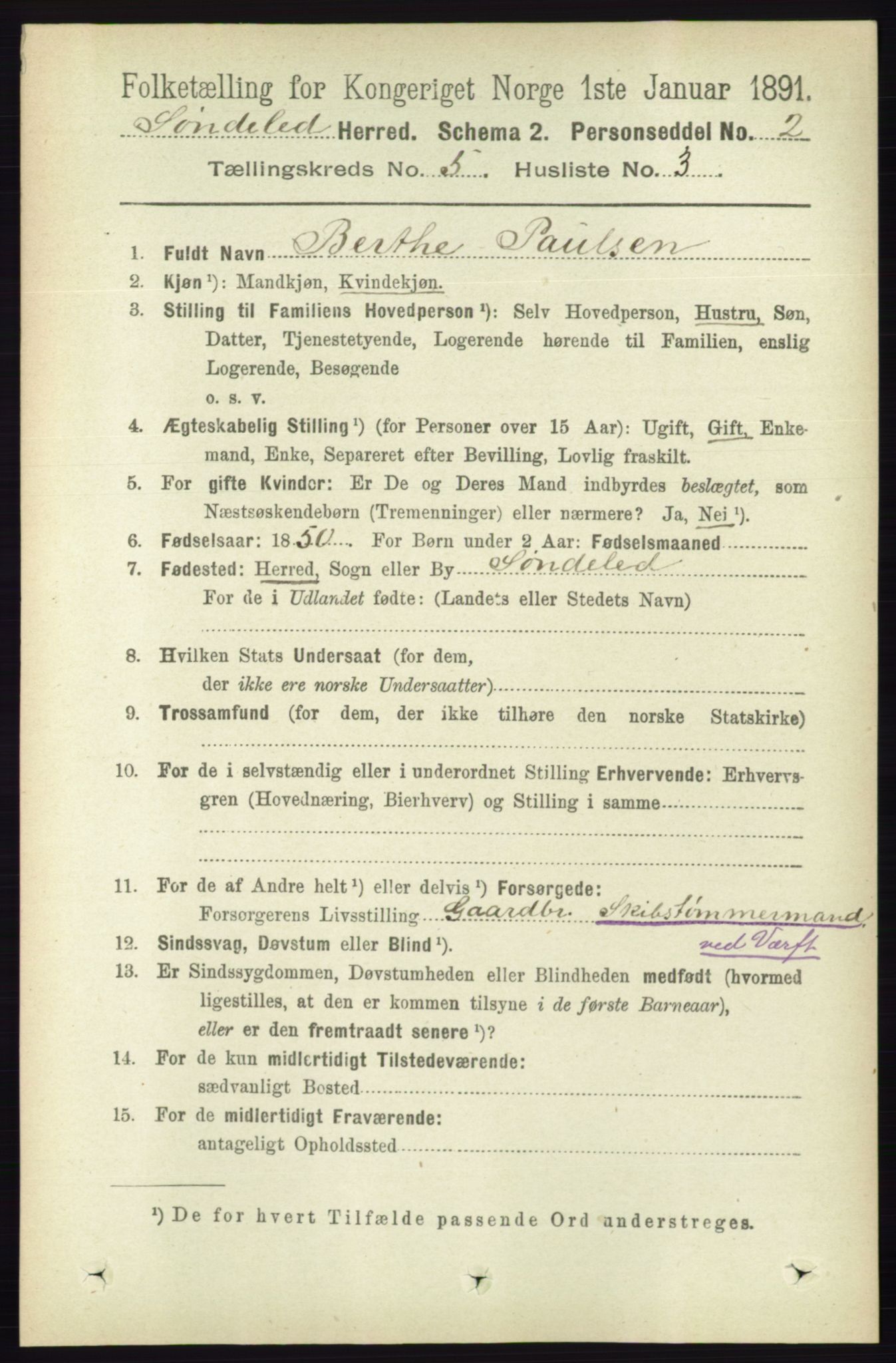 RA, 1891 census for 0913 Søndeled, 1891, p. 1227