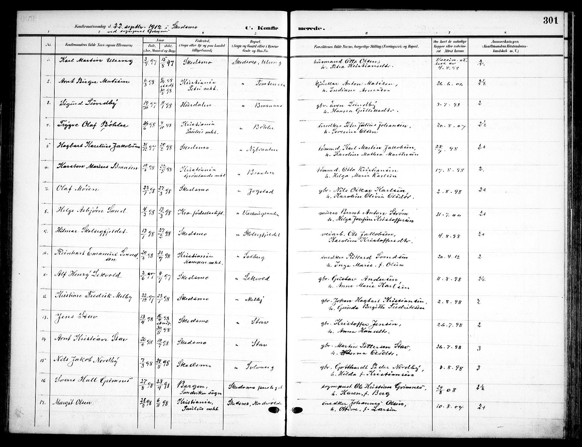 Skedsmo prestekontor Kirkebøker, AV/SAO-A-10033a/F/Fa/L0015: Parish register (official) no. I 15, 1902-1917, p. 301