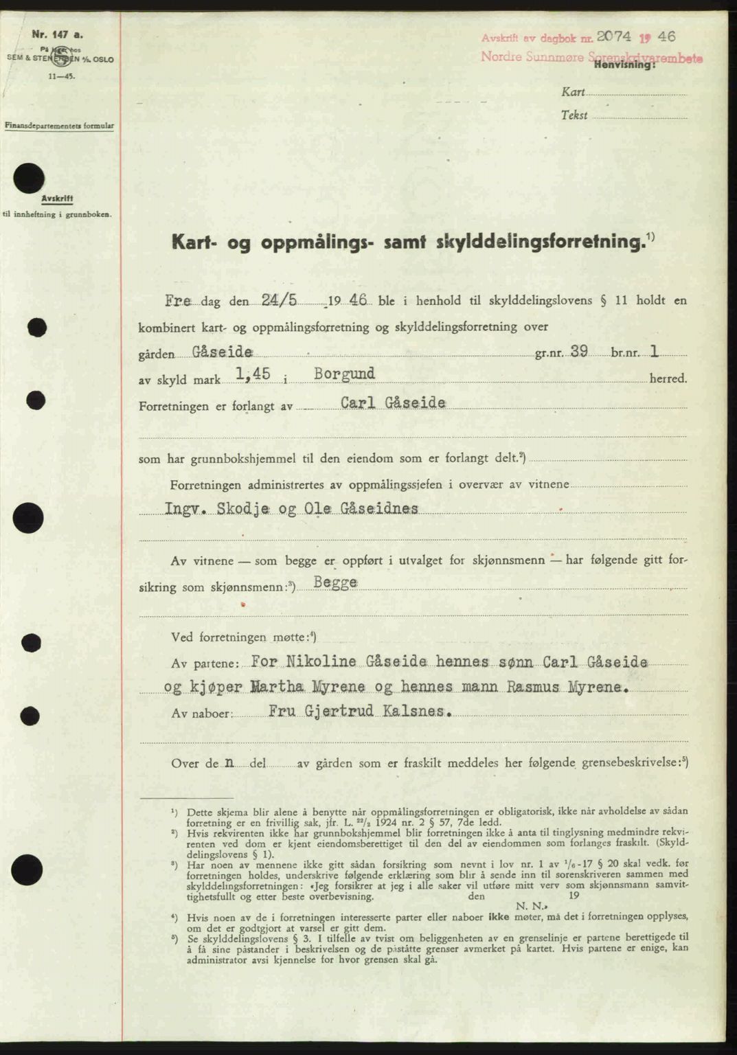 Nordre Sunnmøre sorenskriveri, AV/SAT-A-0006/1/2/2C/2Ca: Mortgage book no. A23, 1946-1947, Diary no: : 2074/1946