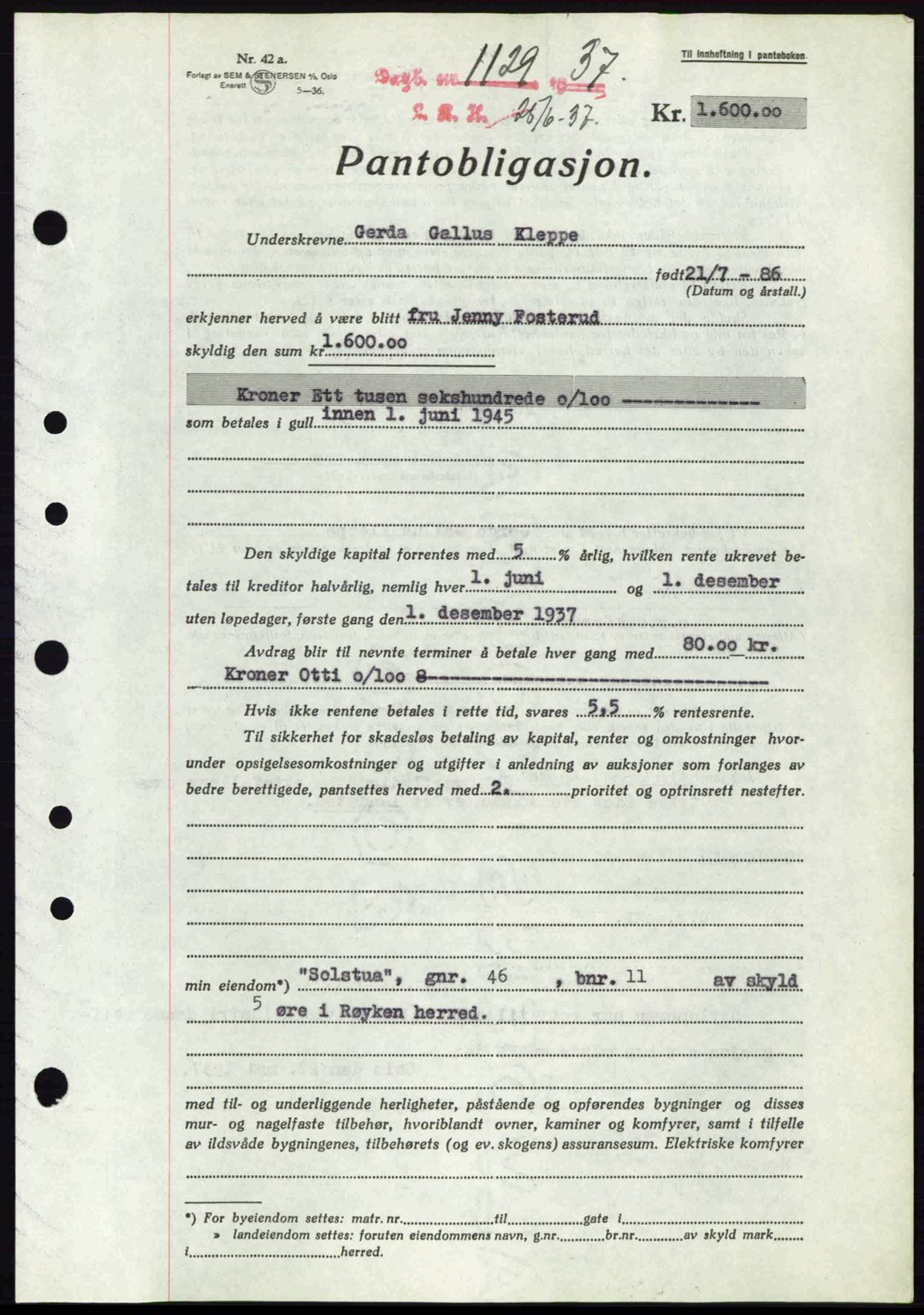 Lier, Røyken og Hurum sorenskriveri, SAKO/A-89/G/Ga/Gab/L0056: Mortgage book no. 56, 1937-1937, Diary no: : 1129/1937