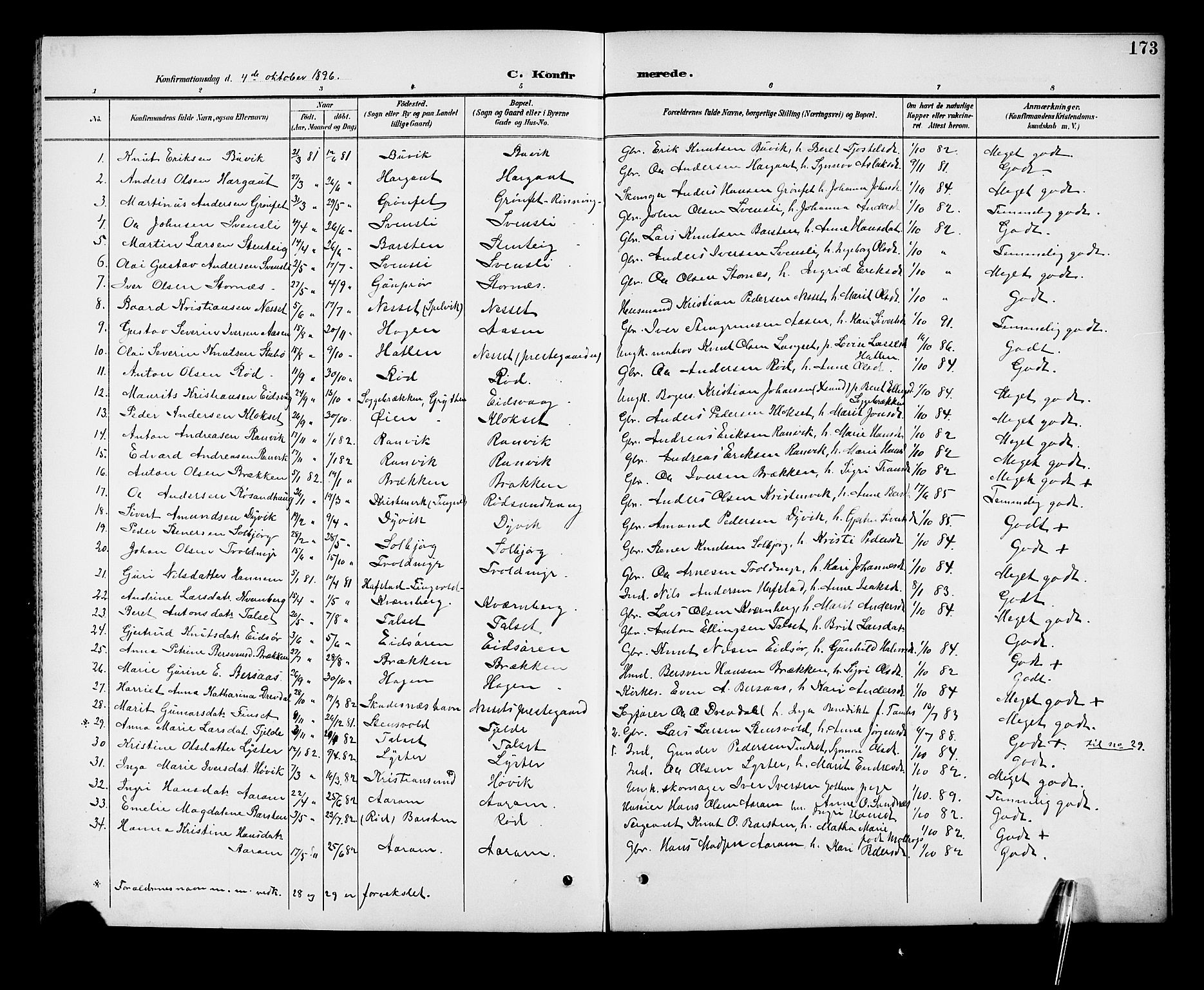 Ministerialprotokoller, klokkerbøker og fødselsregistre - Møre og Romsdal, SAT/A-1454/551/L0632: Parish register (copy) no. 551C04, 1894-1920, p. 173