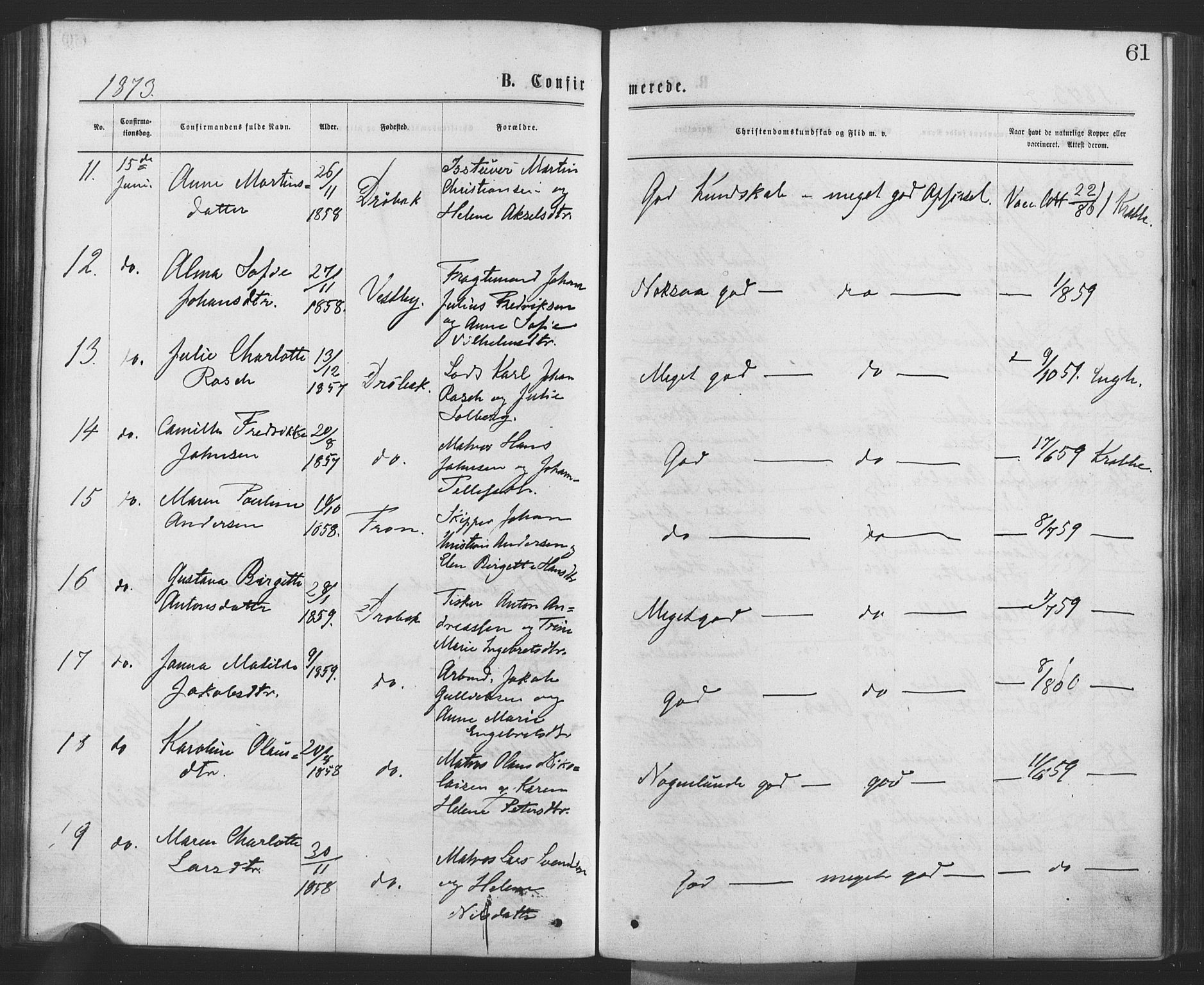 Drøbak prestekontor Kirkebøker, SAO/A-10142a/F/Fa/L0003: Parish register (official) no. I 3, 1871-1877, p. 61