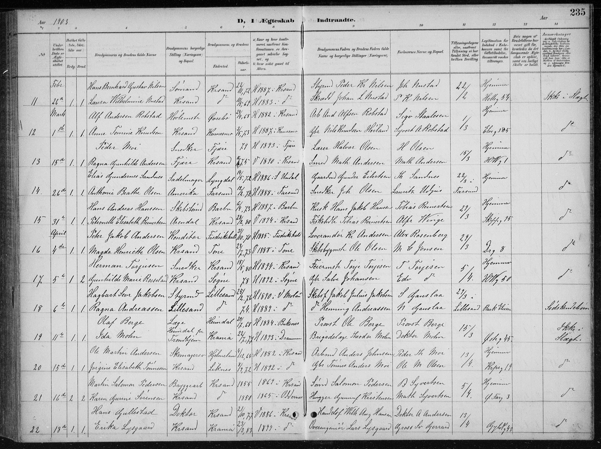 Kristiansand domprosti, SAK/1112-0006/F/Fb/L0018: Parish register (copy) no. B 18, 1896-1905, p. 235