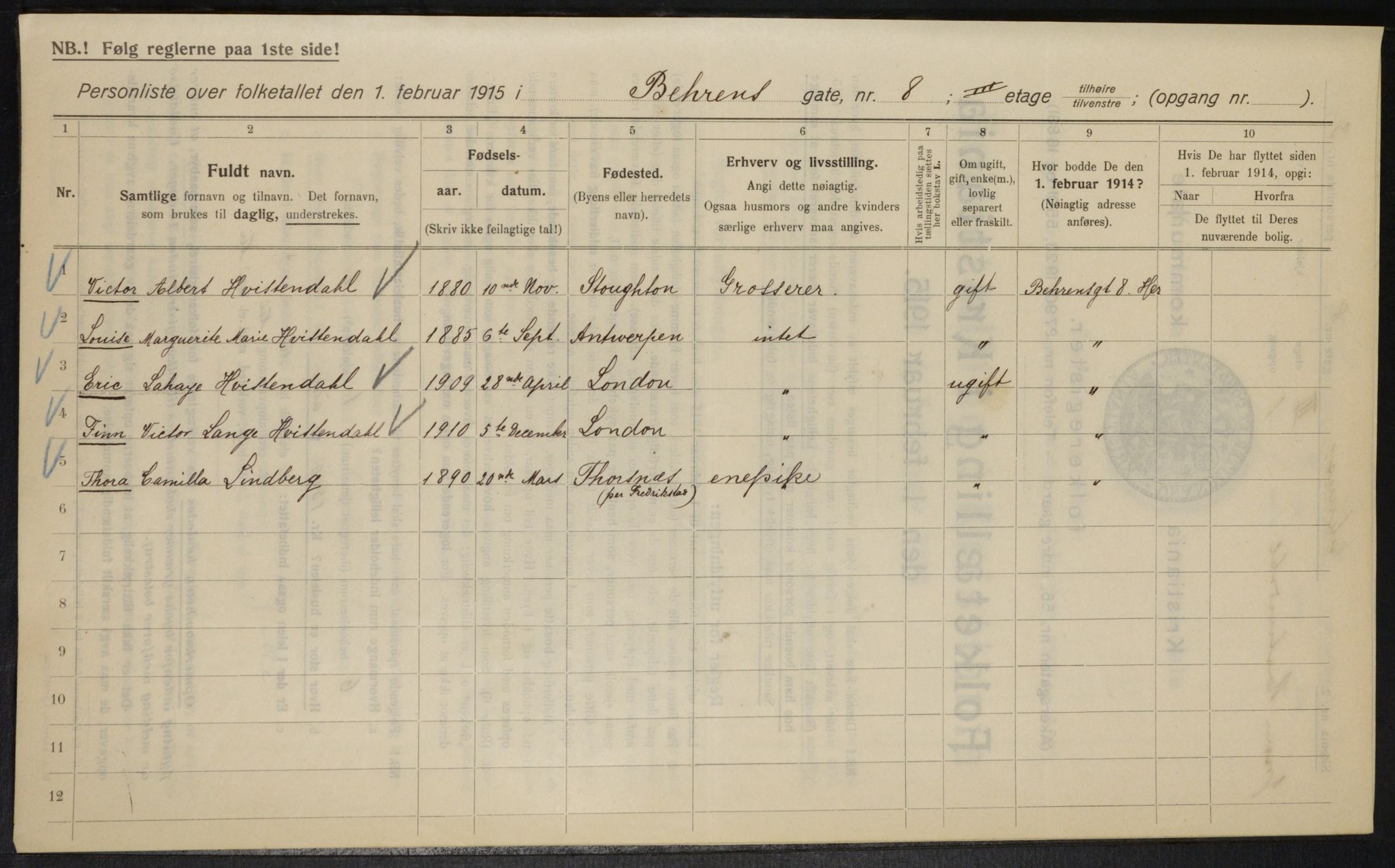 OBA, Municipal Census 1915 for Kristiania, 1915, p. 3519