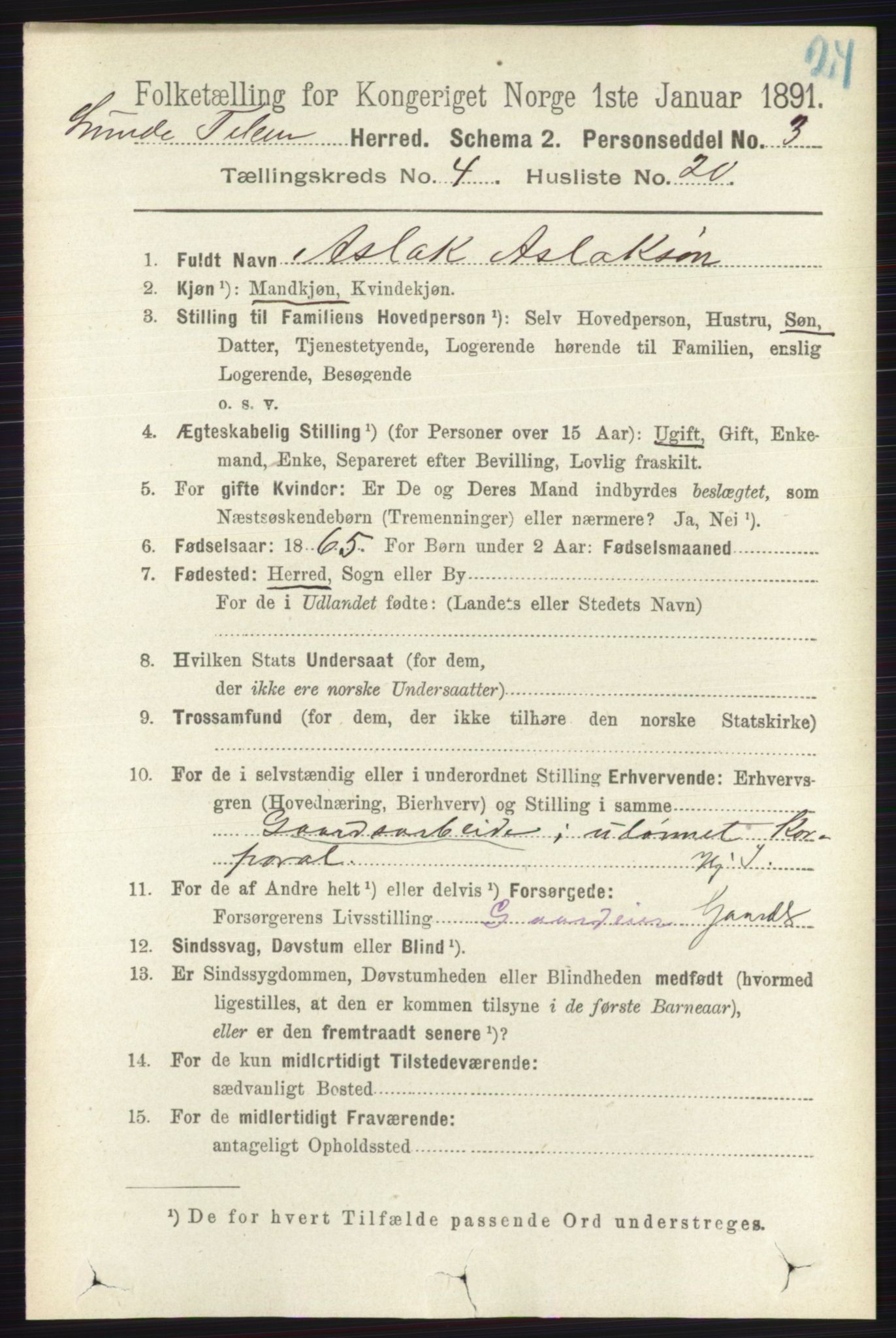 RA, 1891 census for 0820 Lunde, 1891, p. 1250