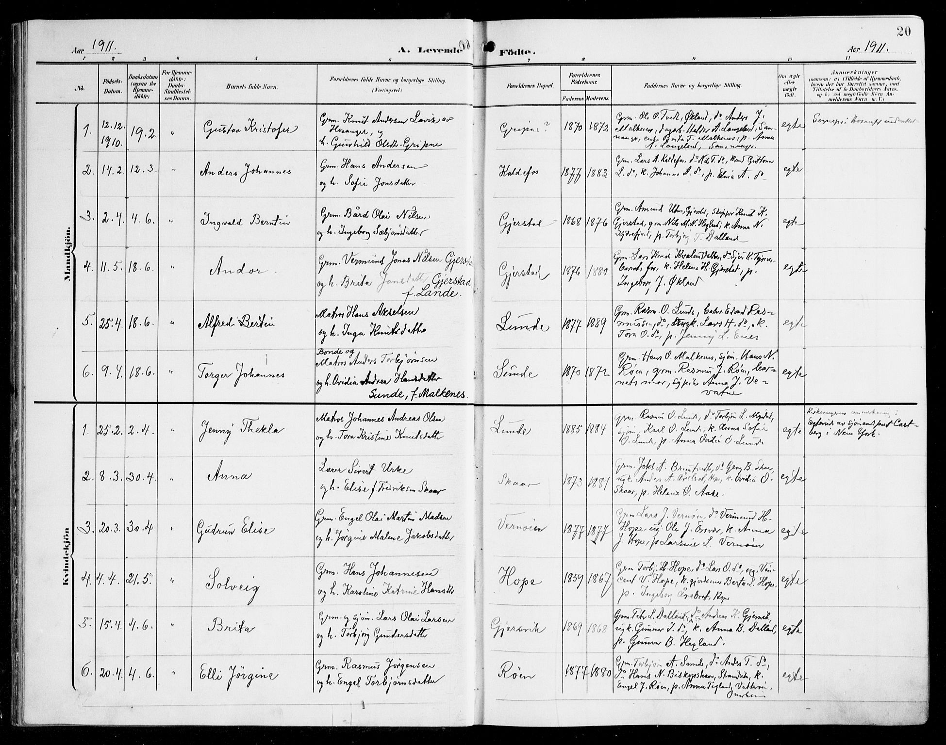 Tysnes sokneprestembete, SAB/A-78601/H/Haa: Parish register (official) no. B 2, 1907-1925, p. 20