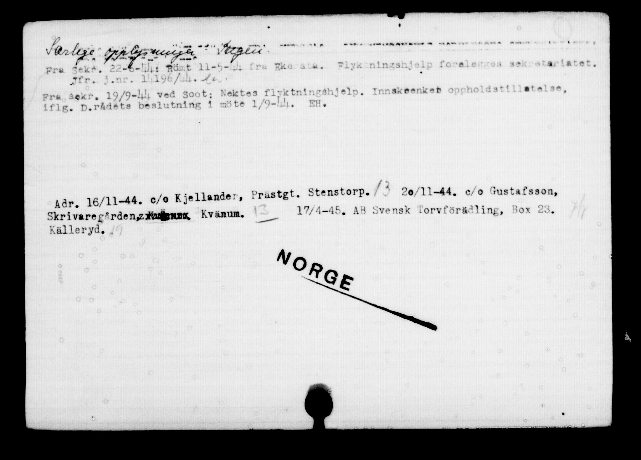 Utenriksstasjonene, Legasjonen i Stockholm, Flyktningkontoret, AV/RA-S-6753/V/Va/L0001: Kjesäterkartoteket, flyktninger med registreringsnr. 1-1000, 1940-1945, p. 199