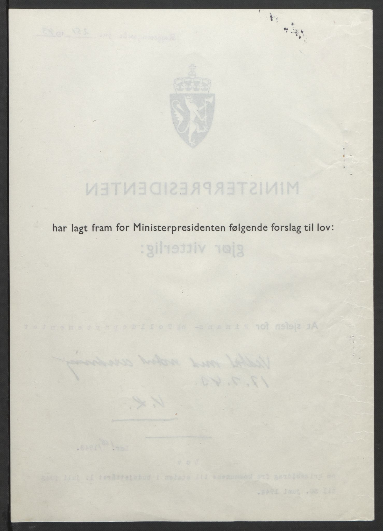 NS-administrasjonen 1940-1945 (Statsrådsekretariatet, de kommisariske statsråder mm), RA/S-4279/D/Db/L0099: Lover, 1943, p. 504