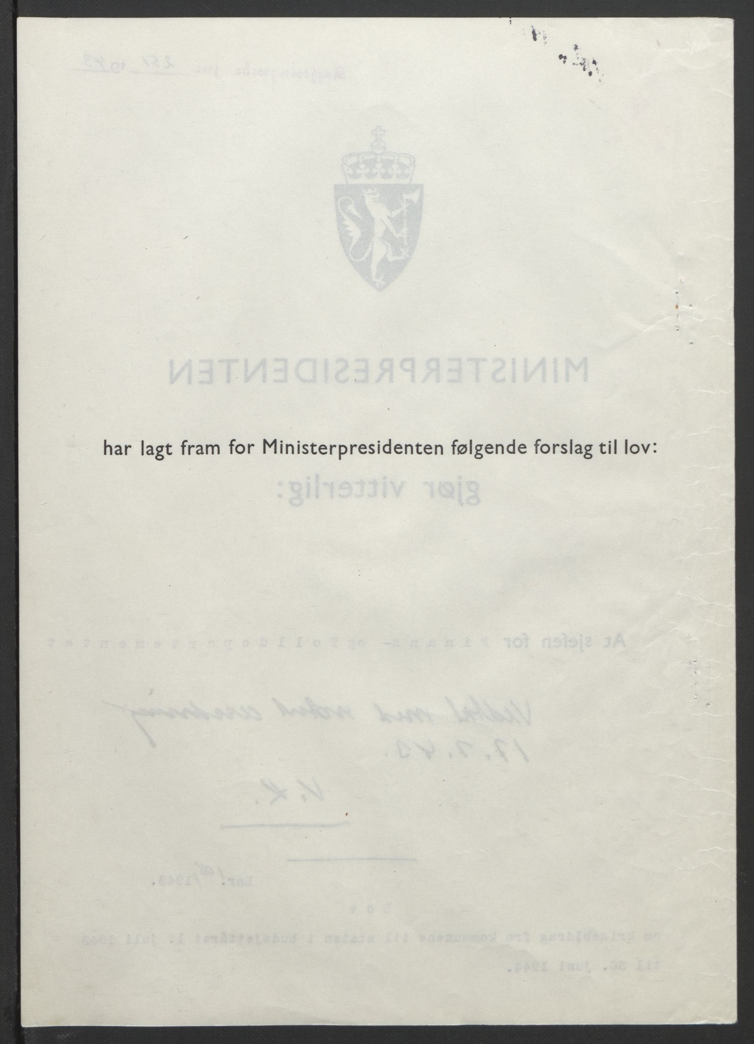 NS-administrasjonen 1940-1945 (Statsrådsekretariatet, de kommisariske statsråder mm), AV/RA-S-4279/D/Db/L0099: Lover, 1943, p. 504