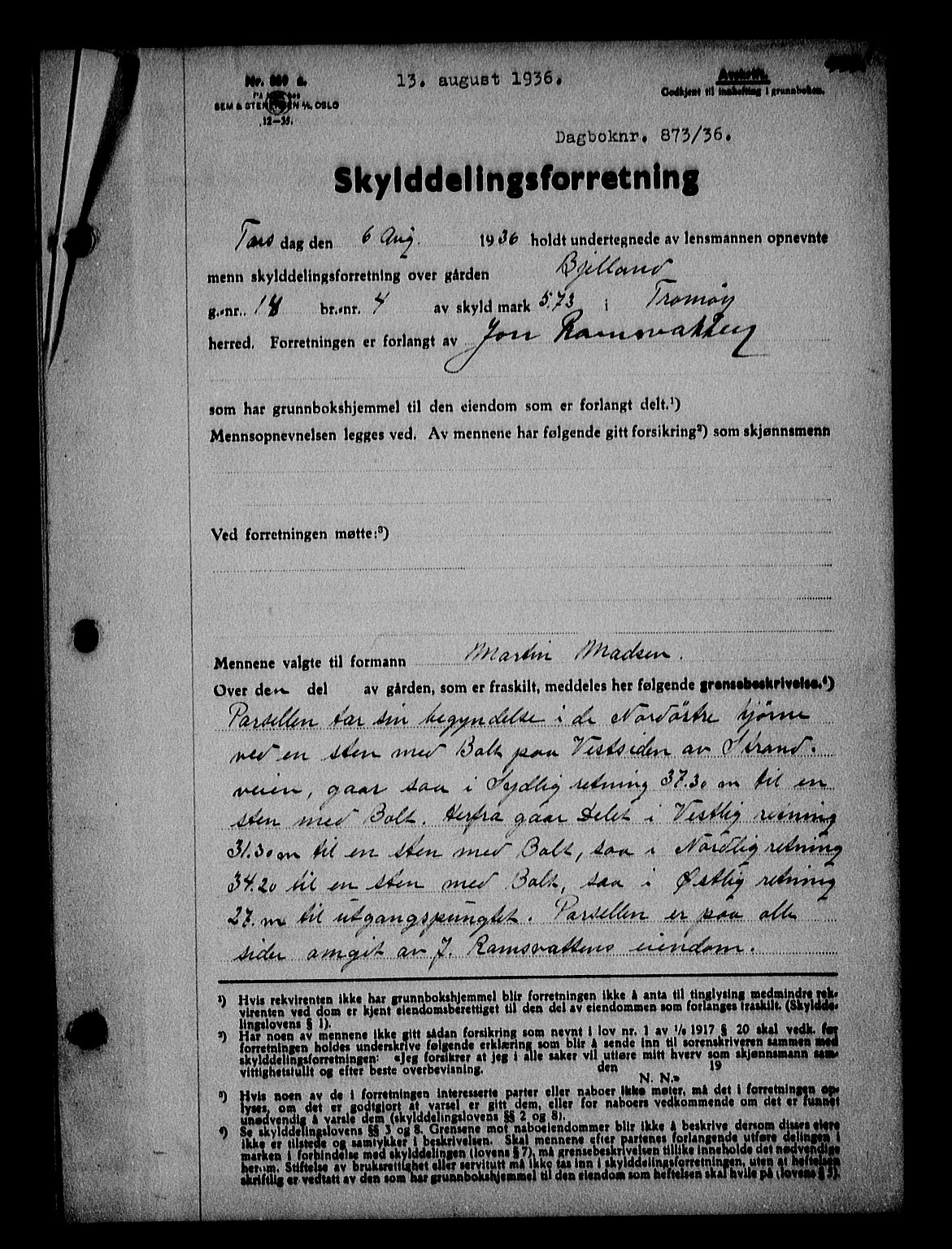Nedenes sorenskriveri, SAK/1221-0006/G/Gb/Gba/L0043: Mortgage book no. 39, 1936-1937, Diary no: : 873/1936