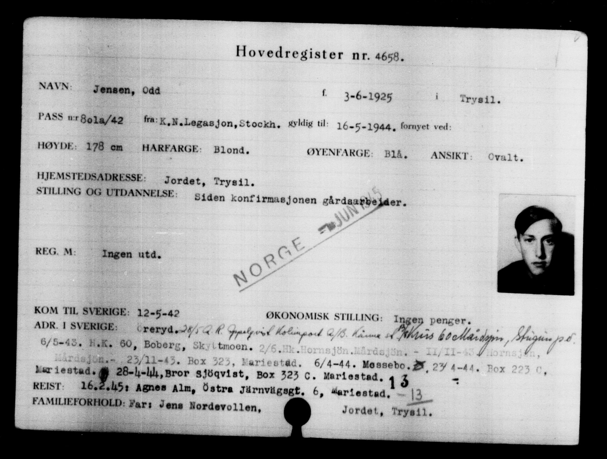 Utenriksstasjonene, Legasjonen i Stockholm, Flyktningkontoret, AV/RA-S-6753/V/Va/L0004: Kjesäterkartoteket, flyktninger med registreringsnr. 3496-6610, 1940-1945, p. 1374