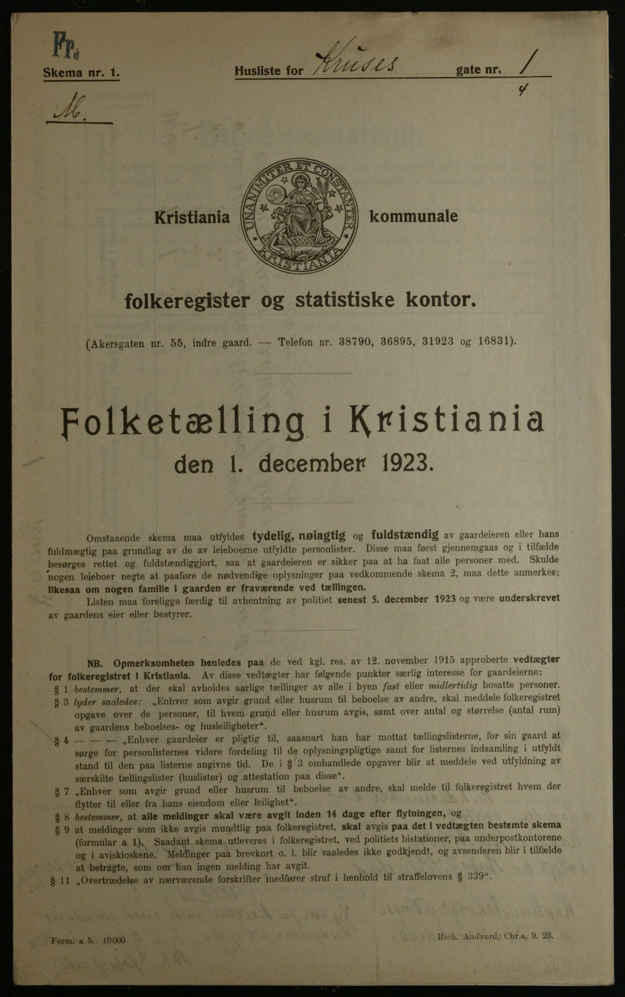 OBA, Municipal Census 1923 for Kristiania, 1923, p. 61498