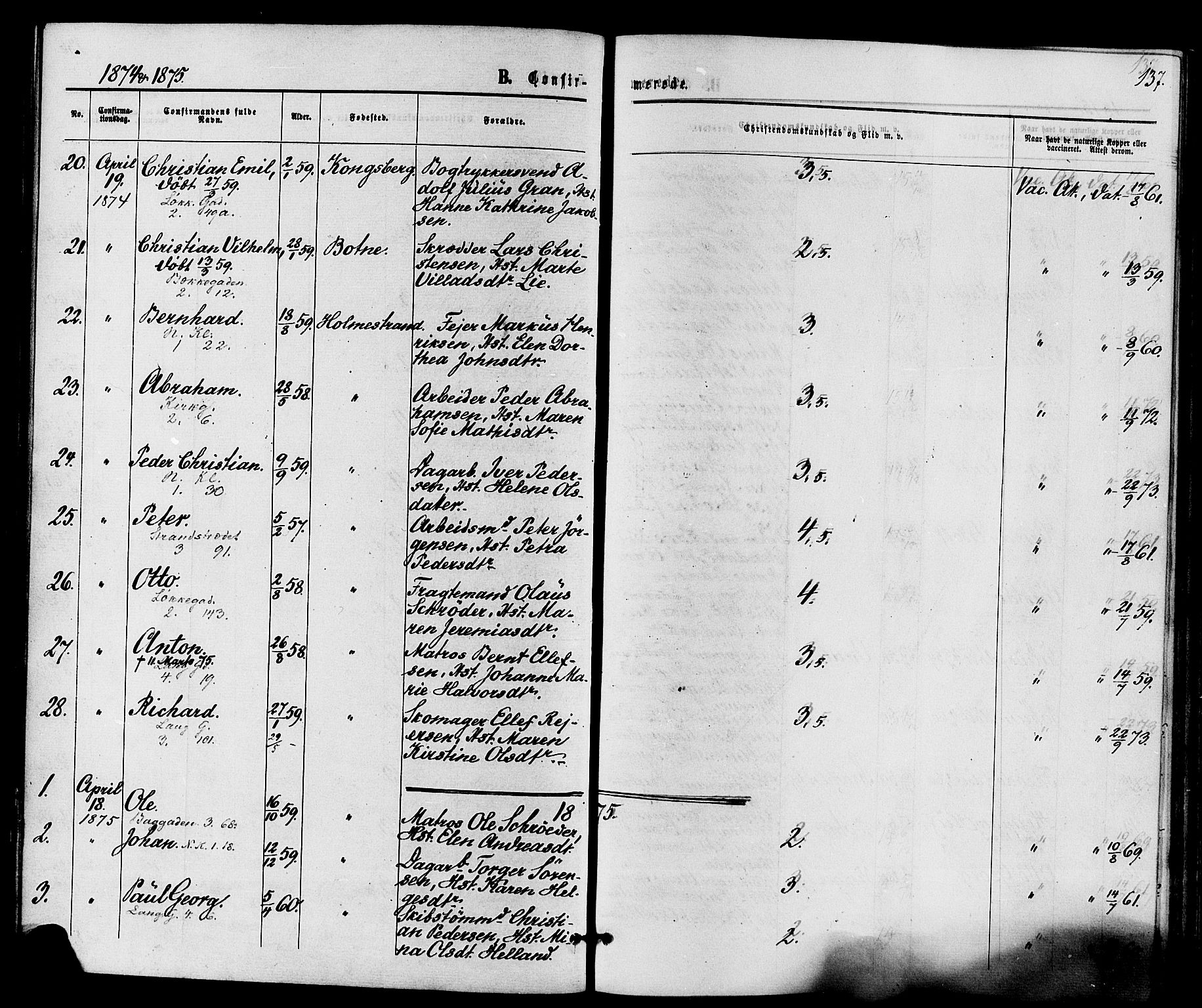 Holmestrand kirkebøker, AV/SAKO-A-346/F/Fa/L0003: Parish register (official) no. 3, 1867-1879, p. 137