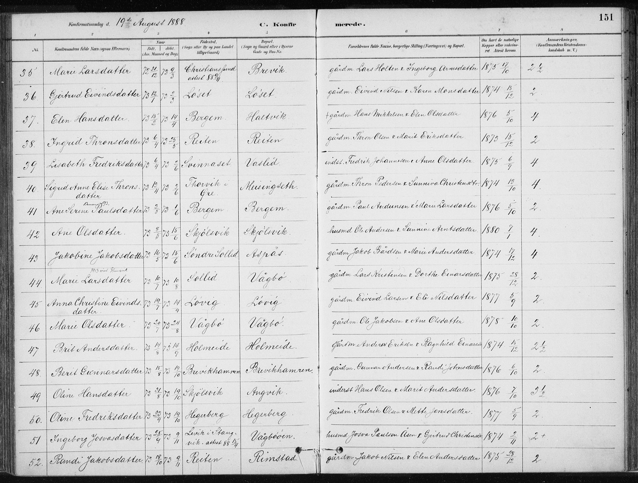 Ministerialprotokoller, klokkerbøker og fødselsregistre - Møre og Romsdal, AV/SAT-A-1454/586/L0987: Parish register (official) no. 586A13, 1879-1892, p. 151