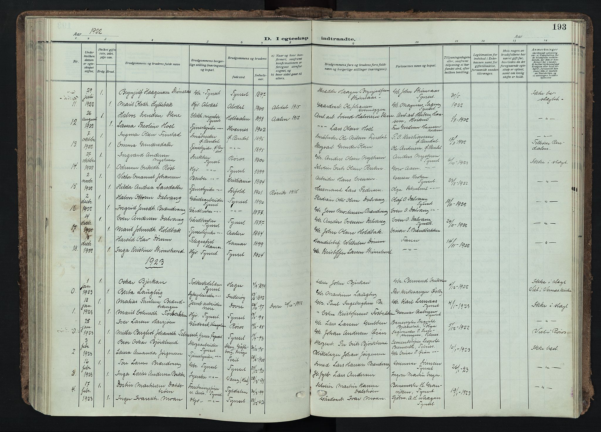 Tynset prestekontor, SAH/PREST-058/H/Ha/Haa/L0026: Parish register (official) no. 26, 1915-1929, p. 193