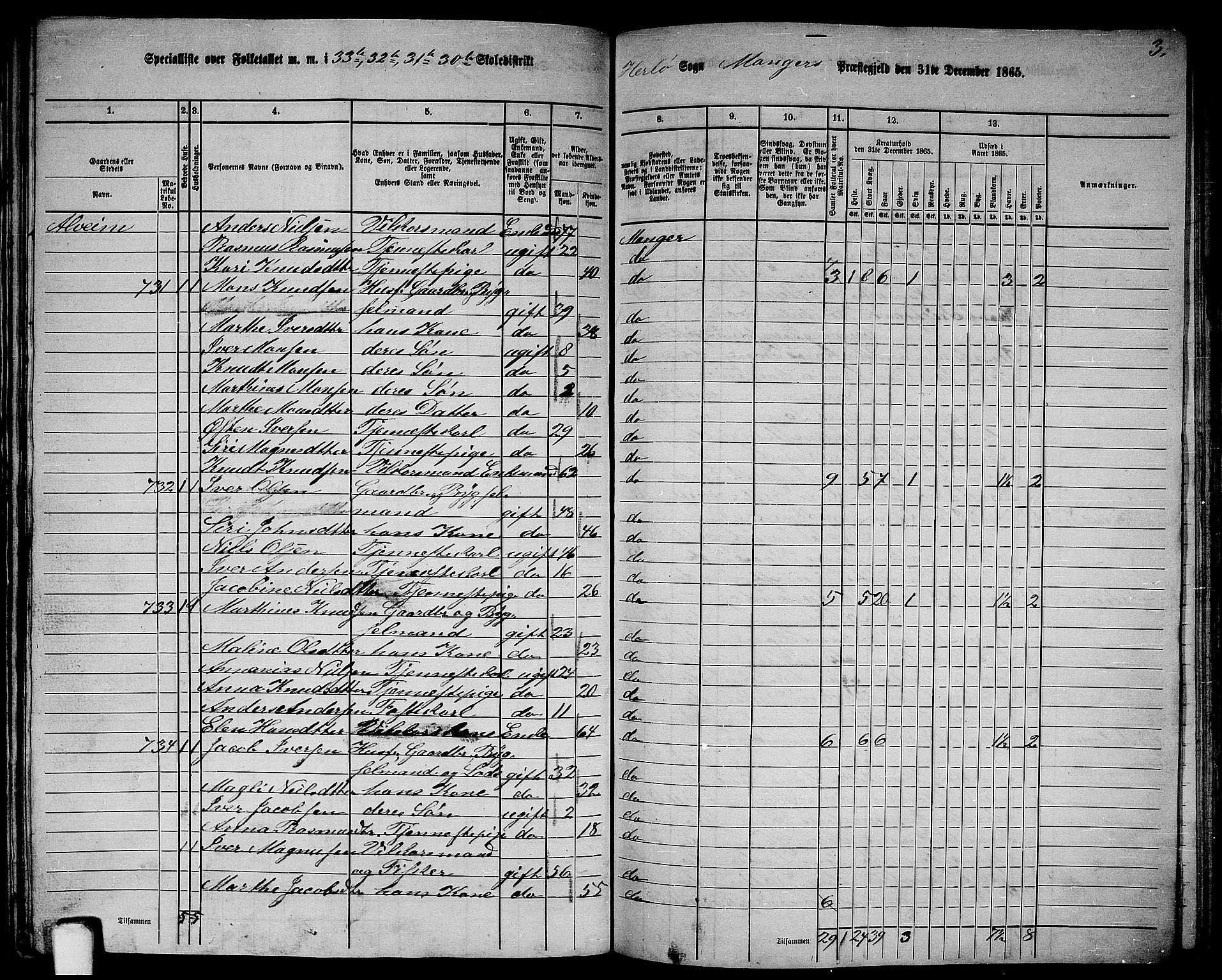 RA, 1865 census for Manger, 1865, p. 218