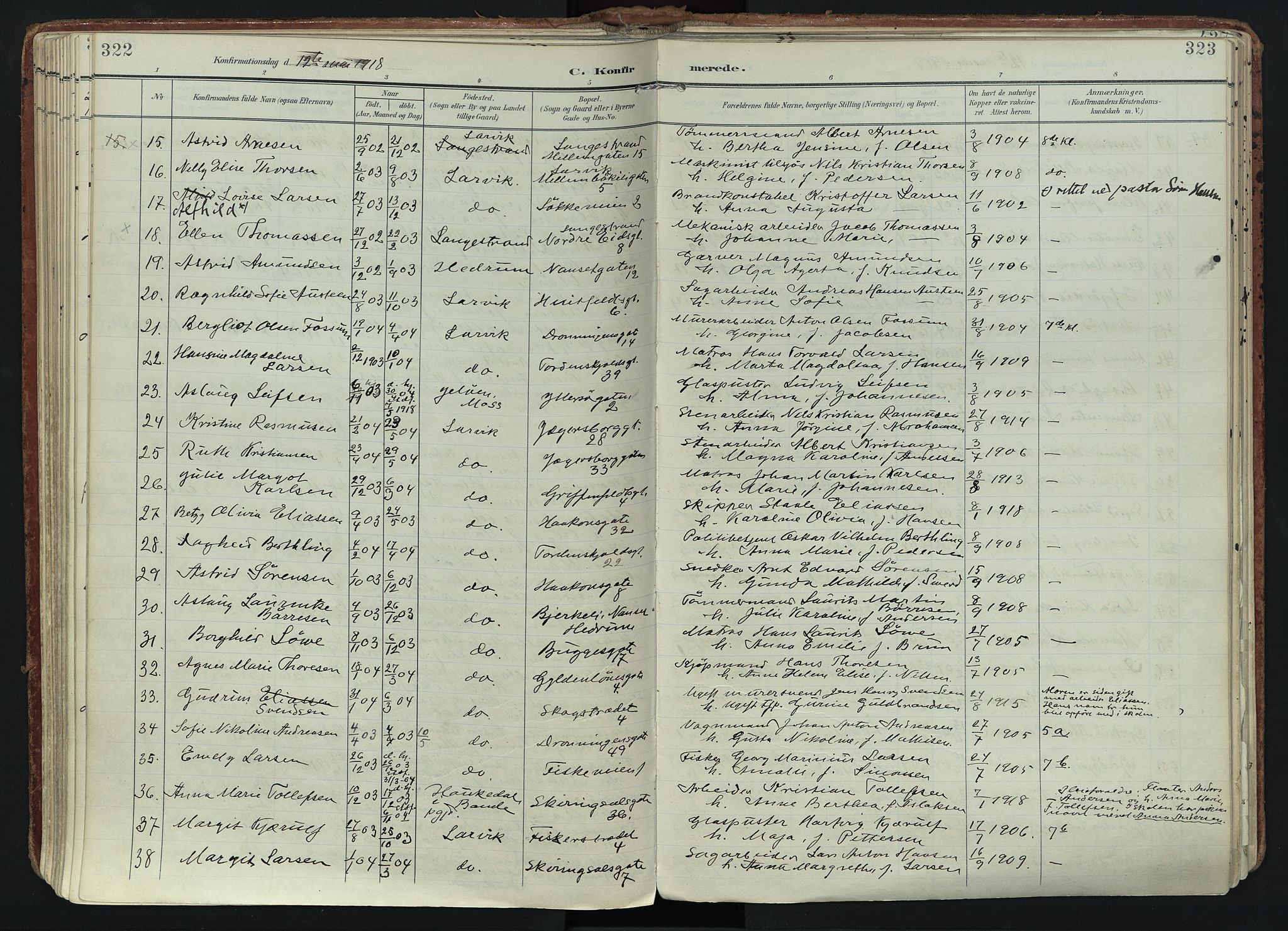 Larvik kirkebøker, SAKO/A-352/F/Fa/L0011: Parish register (official) no. I 11, 1902-1922, p. 322-323