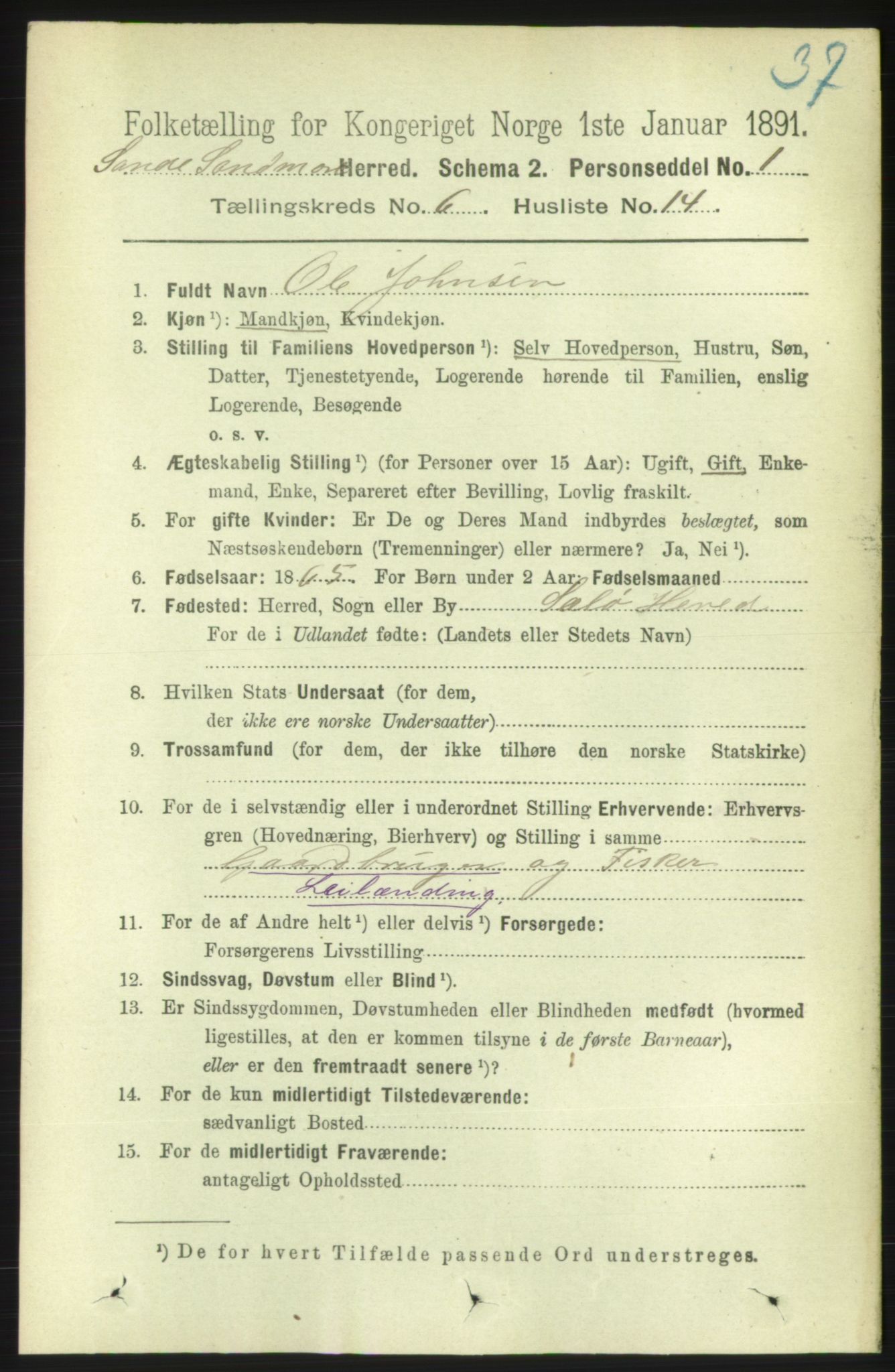 RA, 1891 census for 1514 Sande, 1891, p. 1123