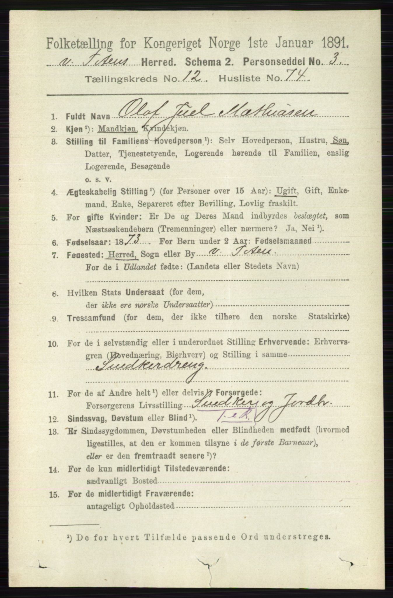 RA, 1891 census for 0529 Vestre Toten, 1891, p. 7695