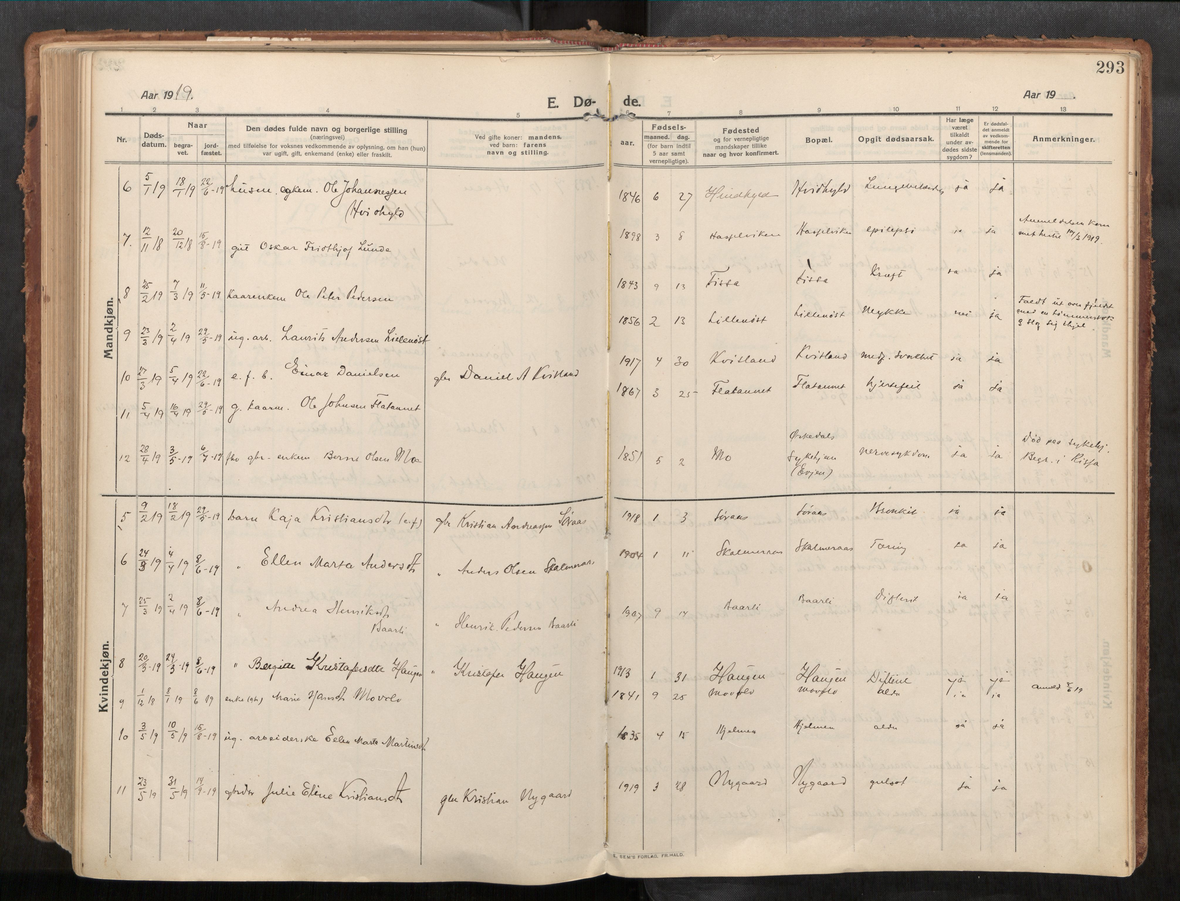Stadsbygd sokneprestkontor, SAT/A-1117/1/I/I1/I1a/L0001: Parish register (official) no. 1, 1911-1929, p. 293