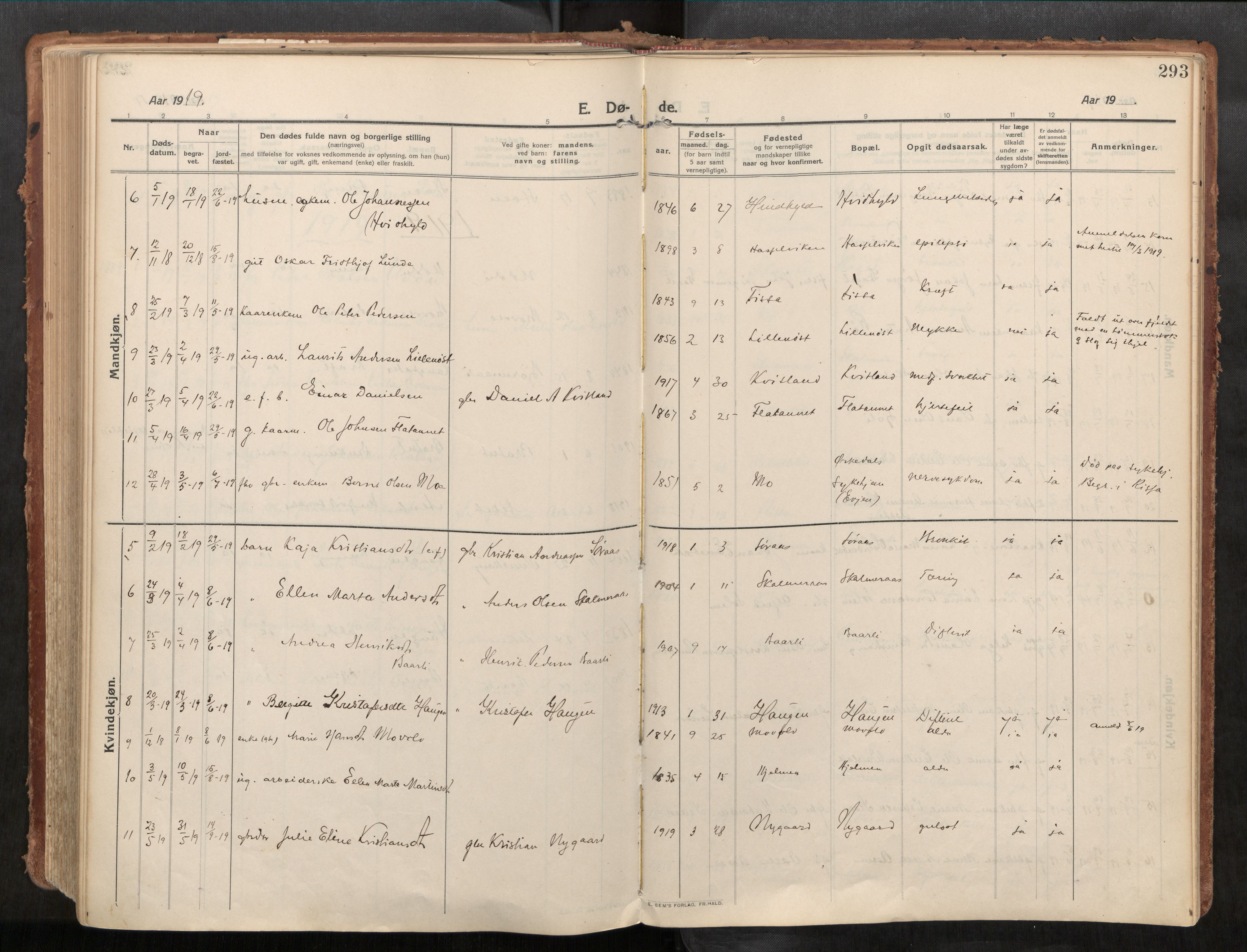 Stadsbygd sokneprestkontor, AV/SAT-A-1117/1/I/I1/I1a/L0001: Parish register (official) no. 1, 1911-1929, p. 293