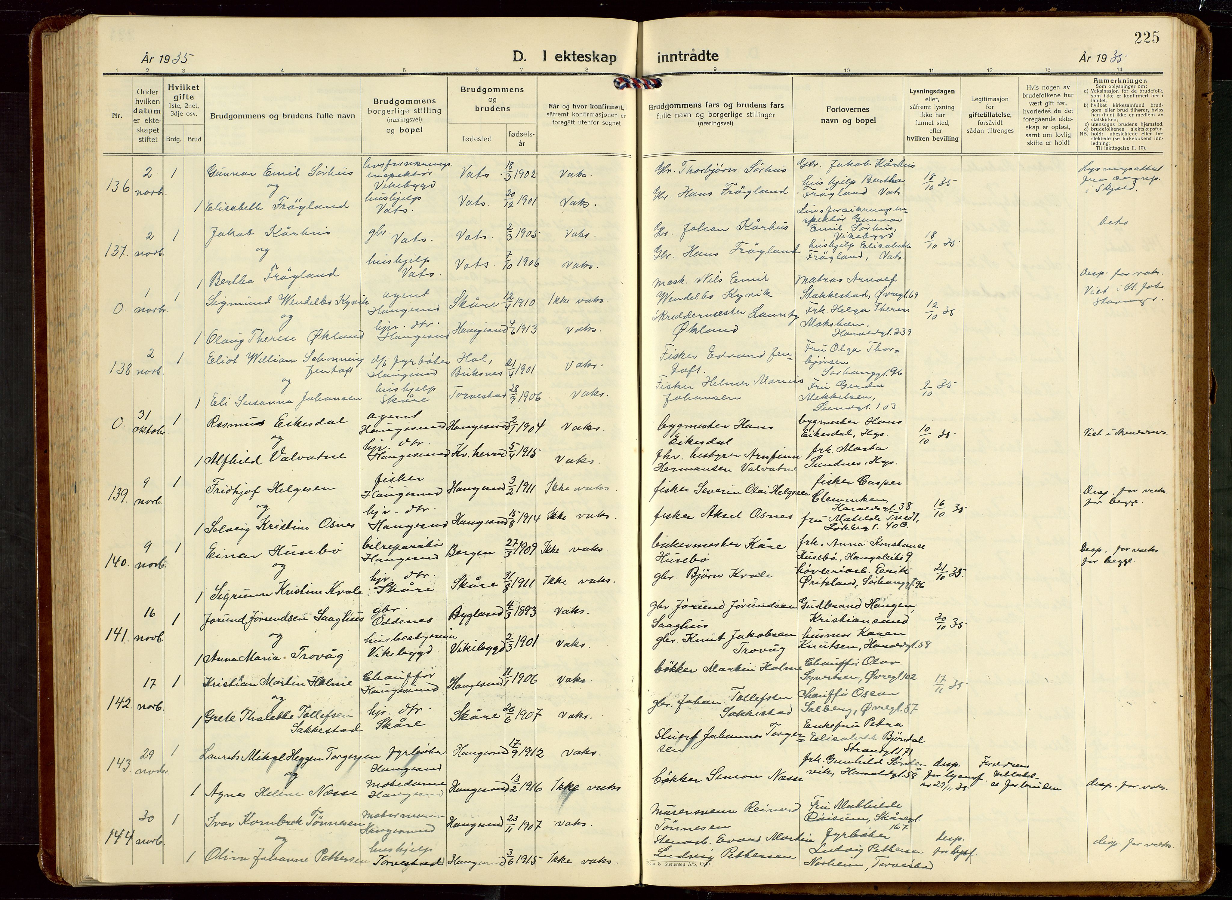 Haugesund sokneprestkontor, AV/SAST-A -101863/H/Ha/Hab/L0013: Parish register (copy) no. B 13, 1931-1943, p. 225