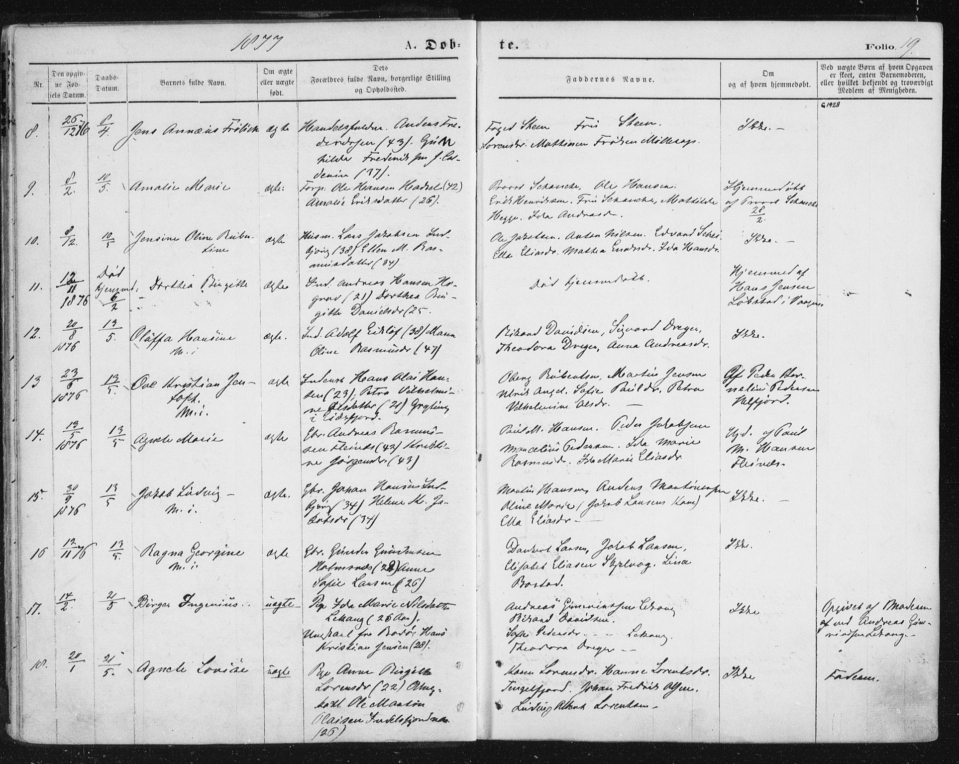 Ministerialprotokoller, klokkerbøker og fødselsregistre - Nordland, AV/SAT-A-1459/888/L1243: Parish register (official) no. 888A09, 1876-1879, p. 19
