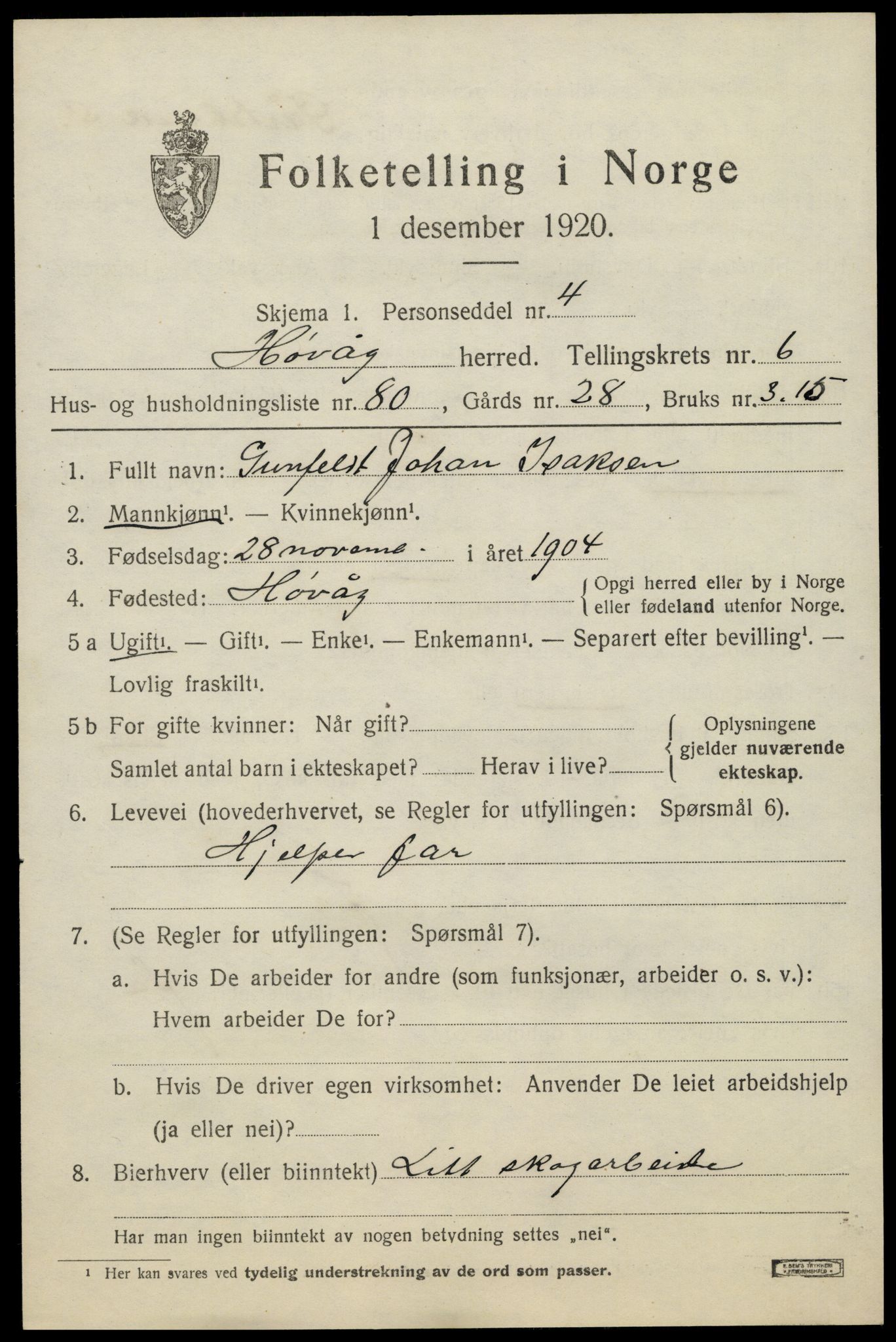 SAK, 1920 census for Høvåg, 1920, p. 3810