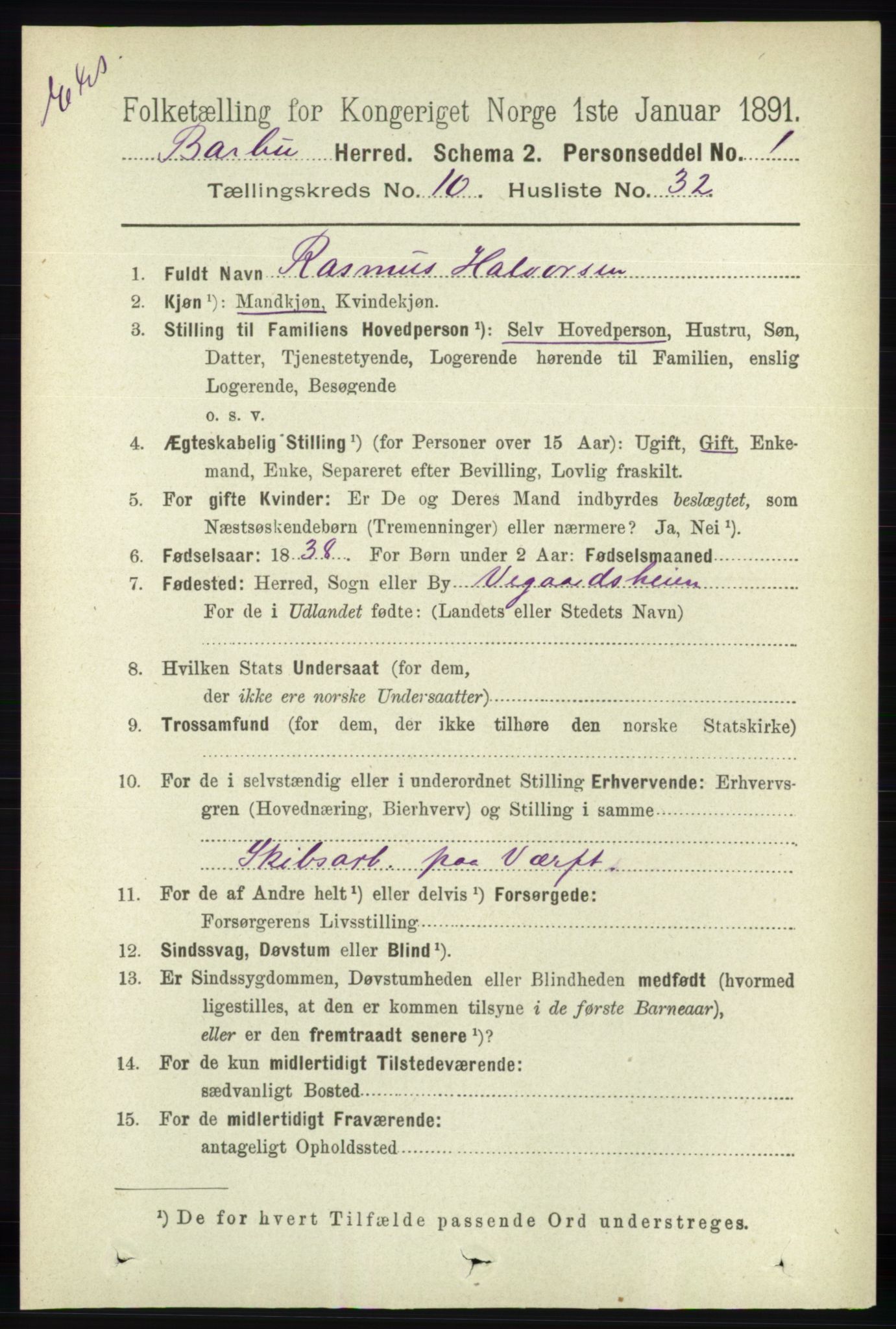 RA, Census 1891 for Nedenes amt: Gjenparter av personsedler for beslektede ektefeller, menn, 1891, p. 551