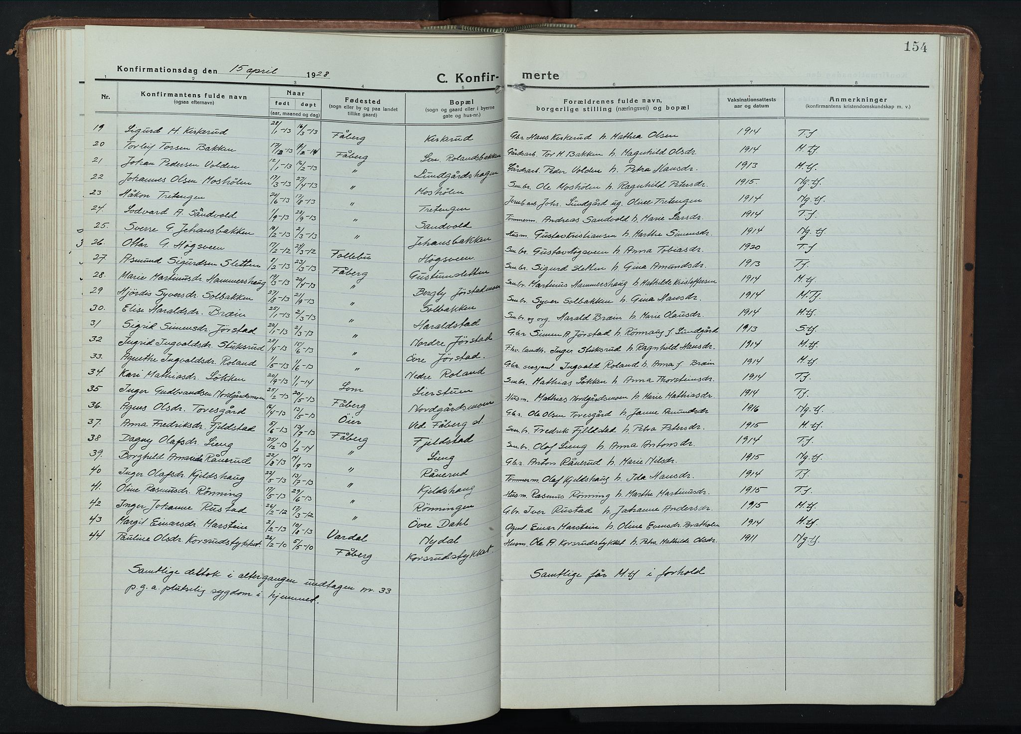 Fåberg prestekontor, AV/SAH-PREST-086/H/Ha/Hab/L0014: Parish register (copy) no. 14, 1922-1946, p. 154