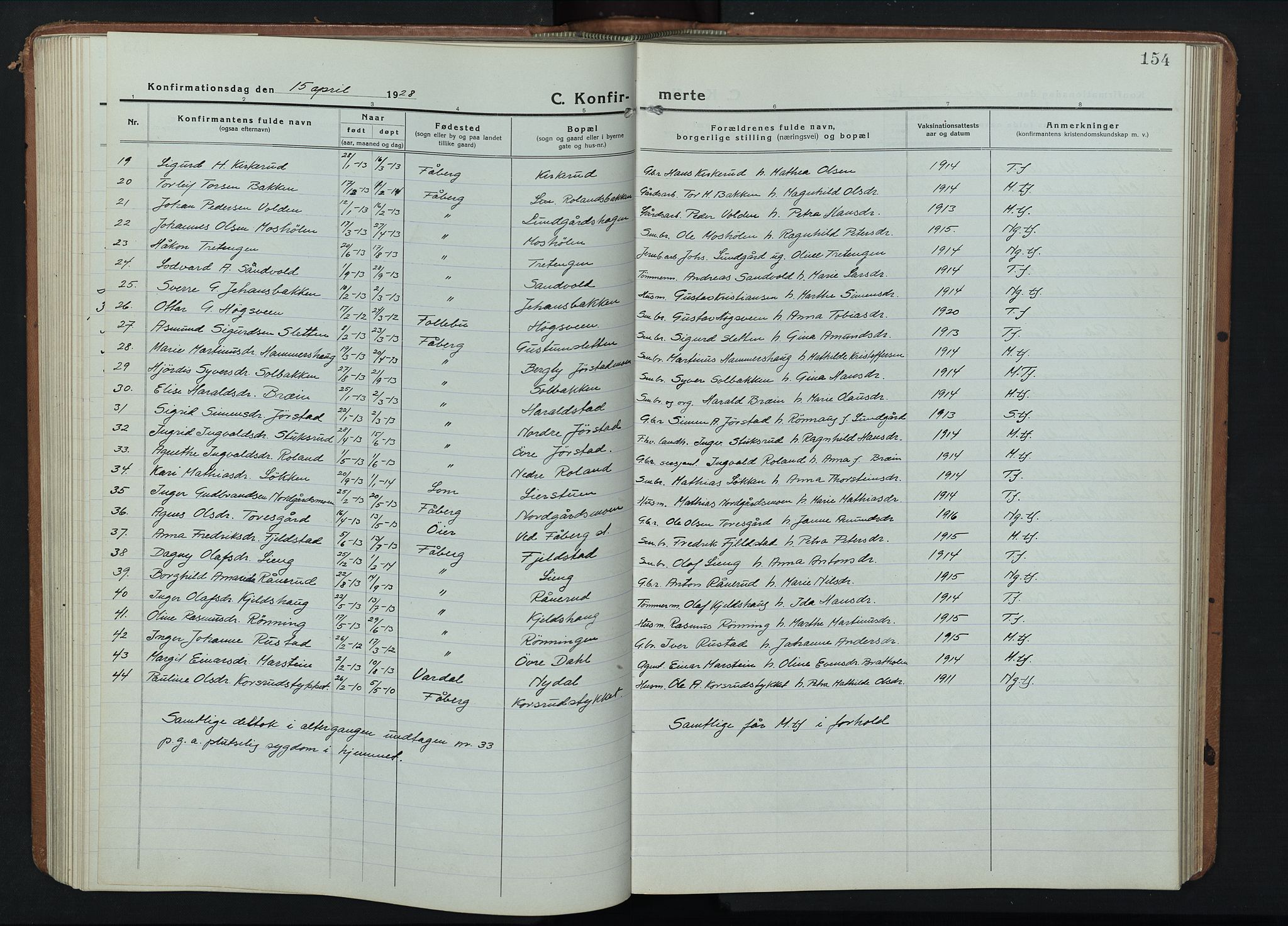 Fåberg prestekontor, SAH/PREST-086/H/Ha/Hab/L0014: Parish register (copy) no. 14, 1922-1946, p. 154