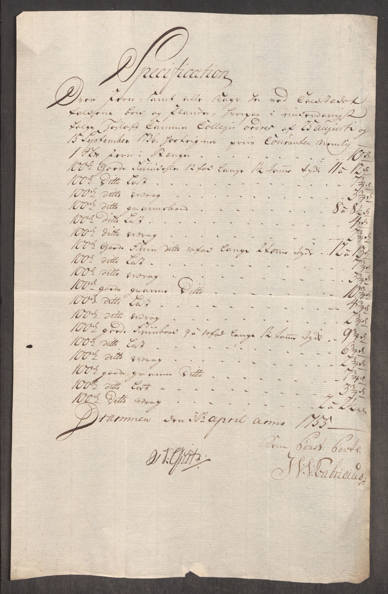 Rentekammeret inntil 1814, Realistisk ordnet avdeling, AV/RA-EA-4070/Oe/L0005: [Ø1]: Priskuranter, 1753-1757, p. 423