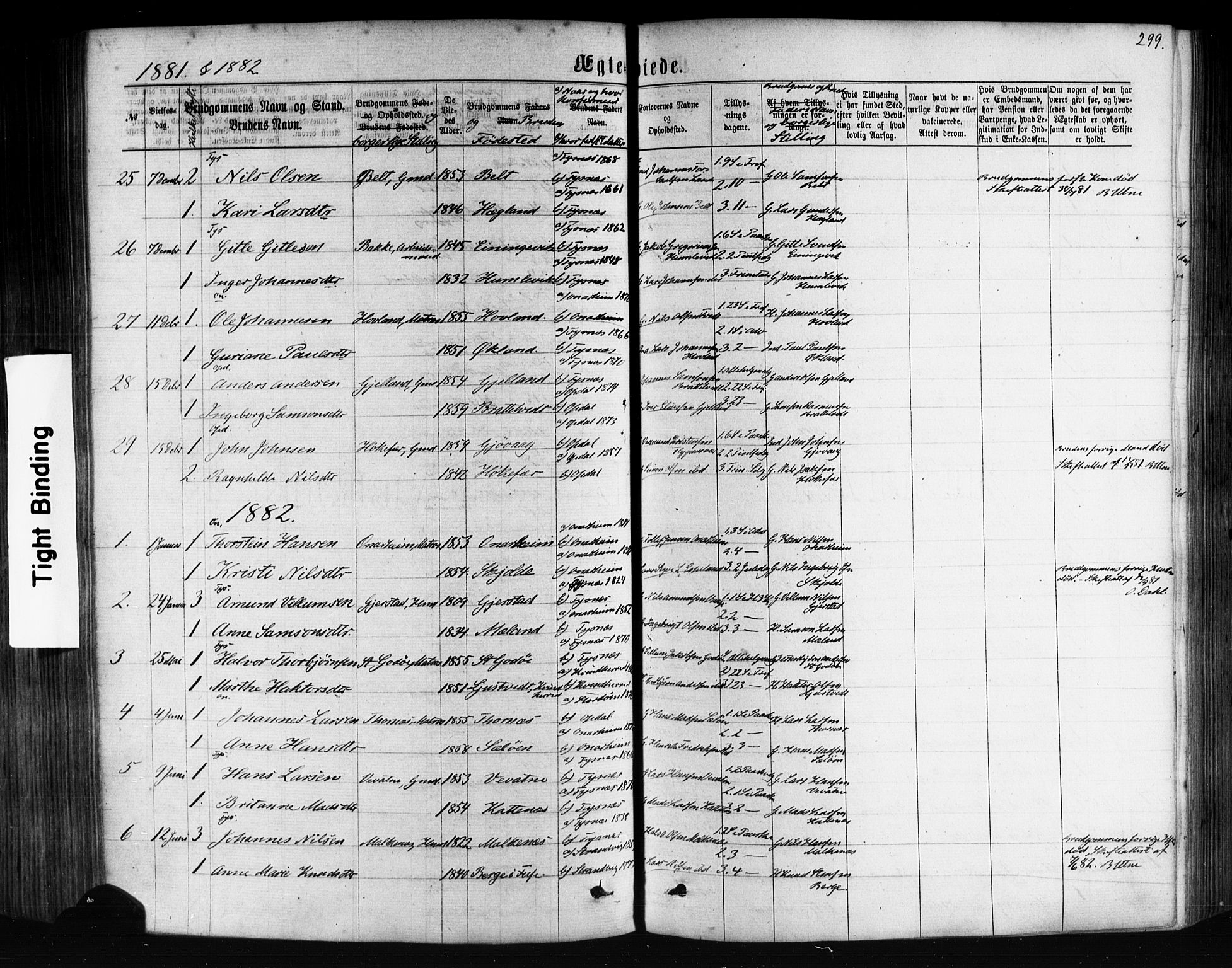 Tysnes sokneprestembete, AV/SAB-A-78601/H/Haa: Parish register (official) no. A 12, 1872-1886, p. 299