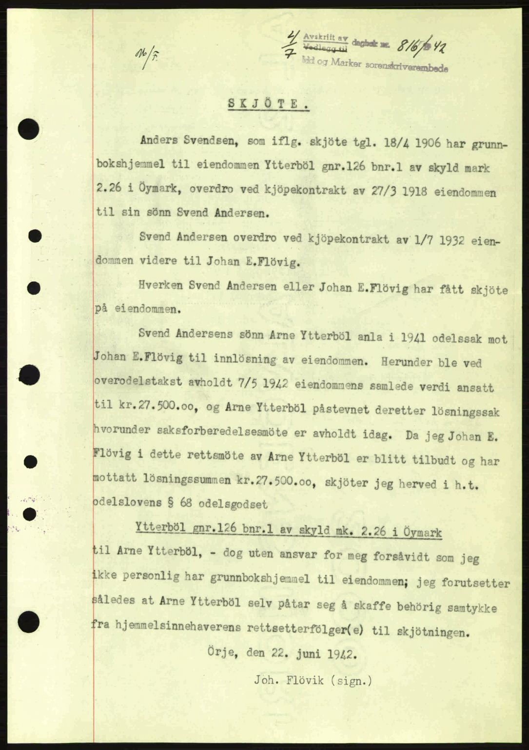 Idd og Marker sorenskriveri, AV/SAO-A-10283/G/Gb/Gbb/L0005: Mortgage book no. A5, 1941-1943, Diary no: : 816/1942