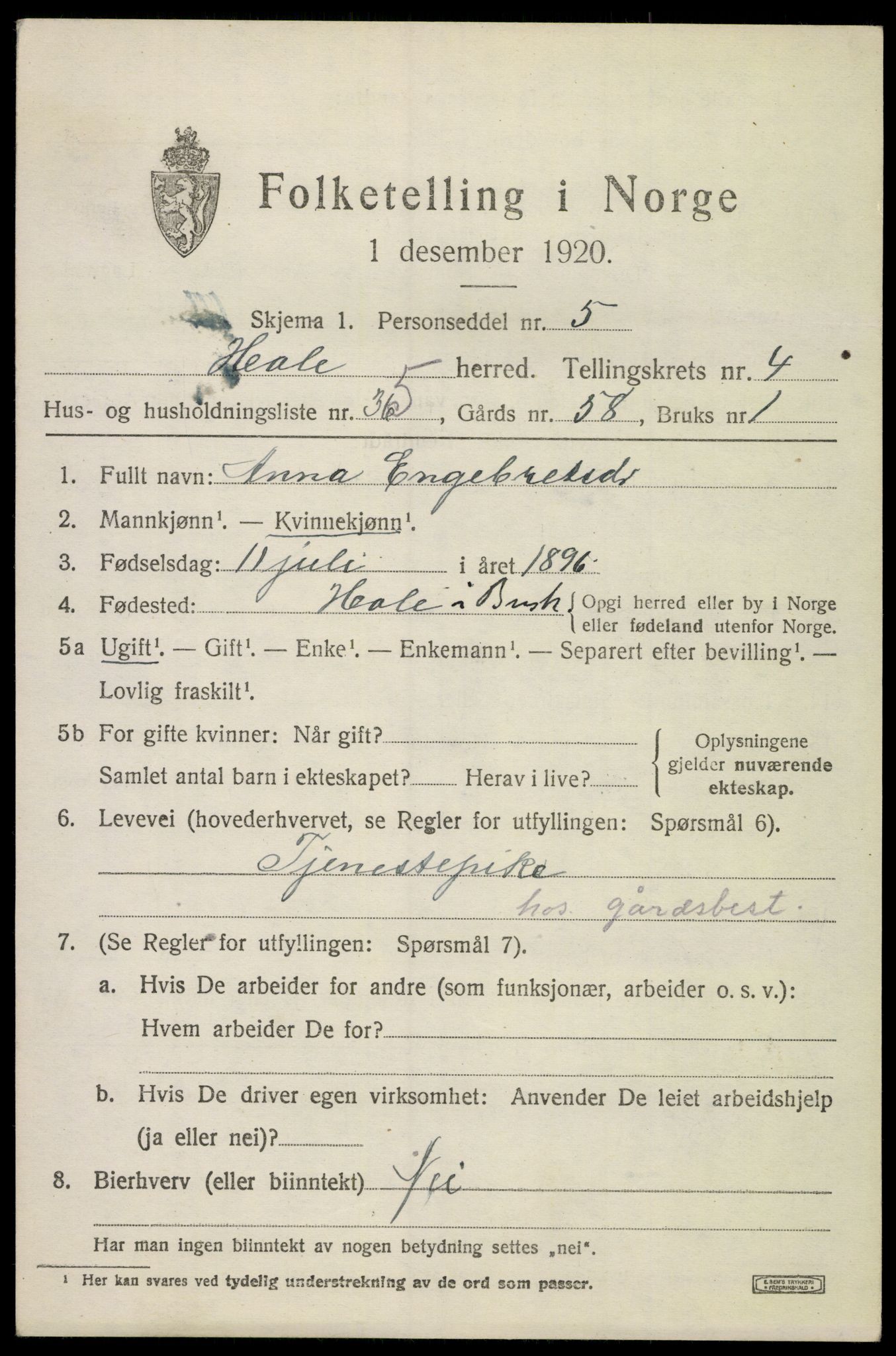 SAKO, 1920 census for Hole, 1920, p. 3357