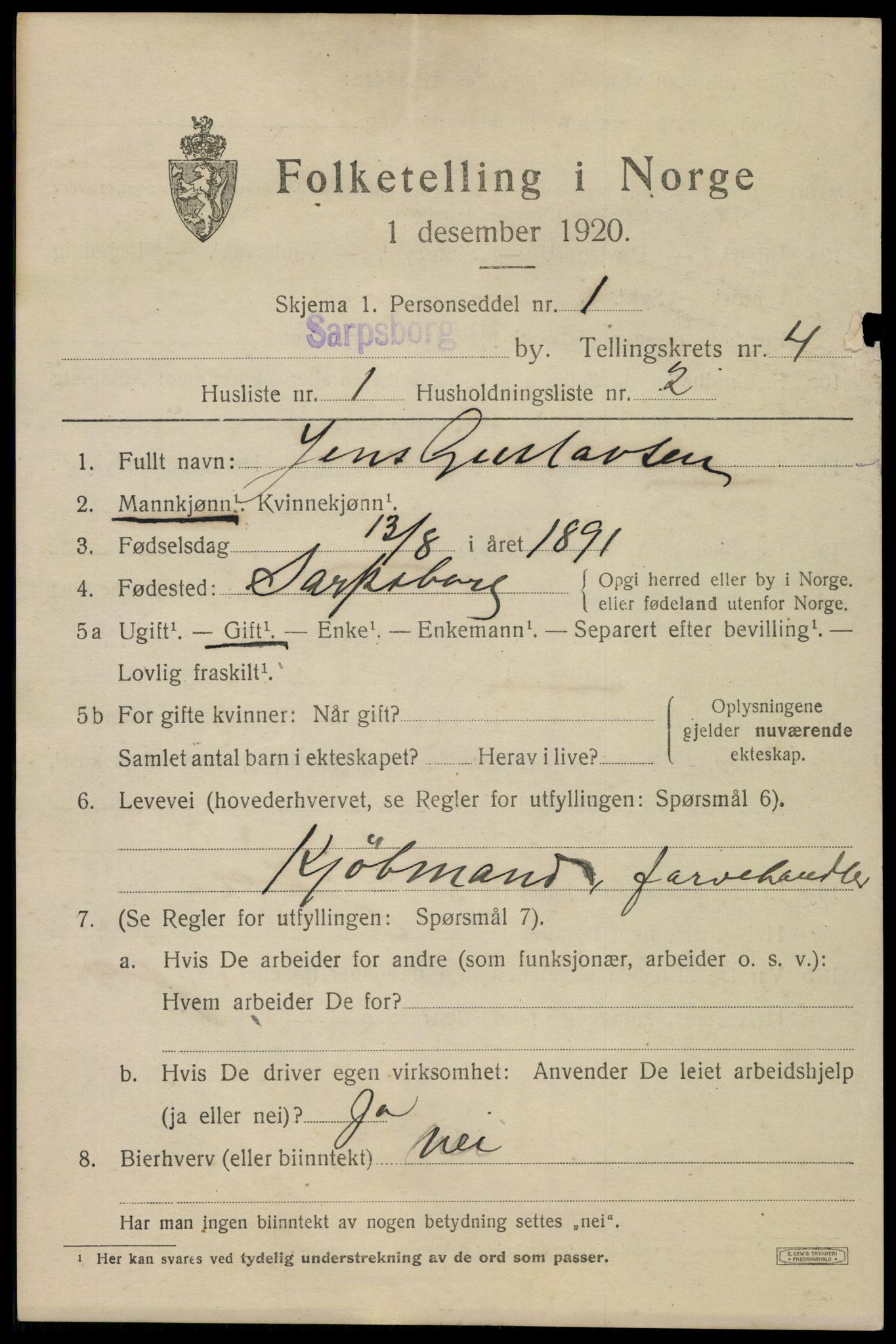 SAO, 1920 census for Sarpsborg, 1920, p. 11822