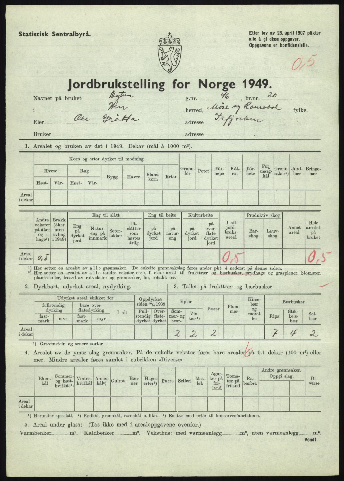 Statistisk sentralbyrå, Næringsøkonomiske emner, Jordbruk, skogbruk, jakt, fiske og fangst, AV/RA-S-2234/G/Gc/L0323: Møre og Romsdal: Grytten og Hen, 1949, p. 421