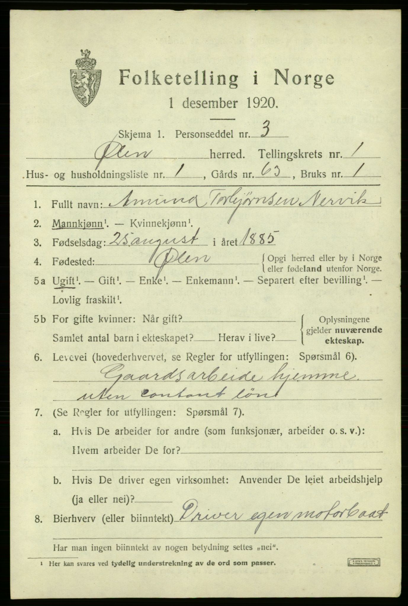 SAB, 1920 census for Ølen, 1920, p. 751