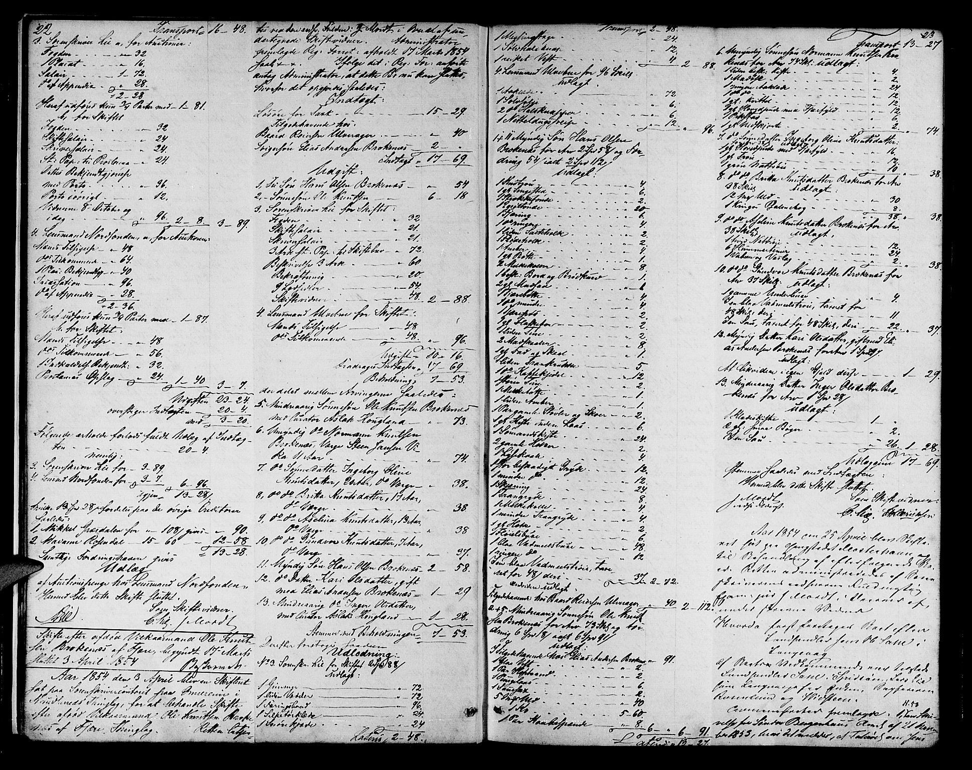 Sunnhordland sorenskrivar, AV/SAB-A-2401/1/H/Ha/Had/L0007: Skifteprotokollar. Føyen, Fjære og Våg. Register i protokoll., 1853-1864, p. 22-23