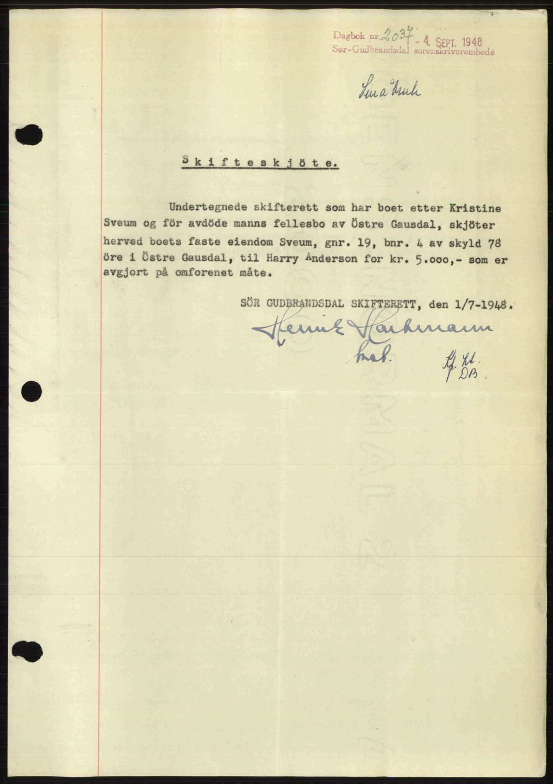 Sør-Gudbrandsdal tingrett, SAH/TING-004/H/Hb/Hbd/L0022: Mortgage book no. A22, 1948-1948, Diary no: : 2037/1948
