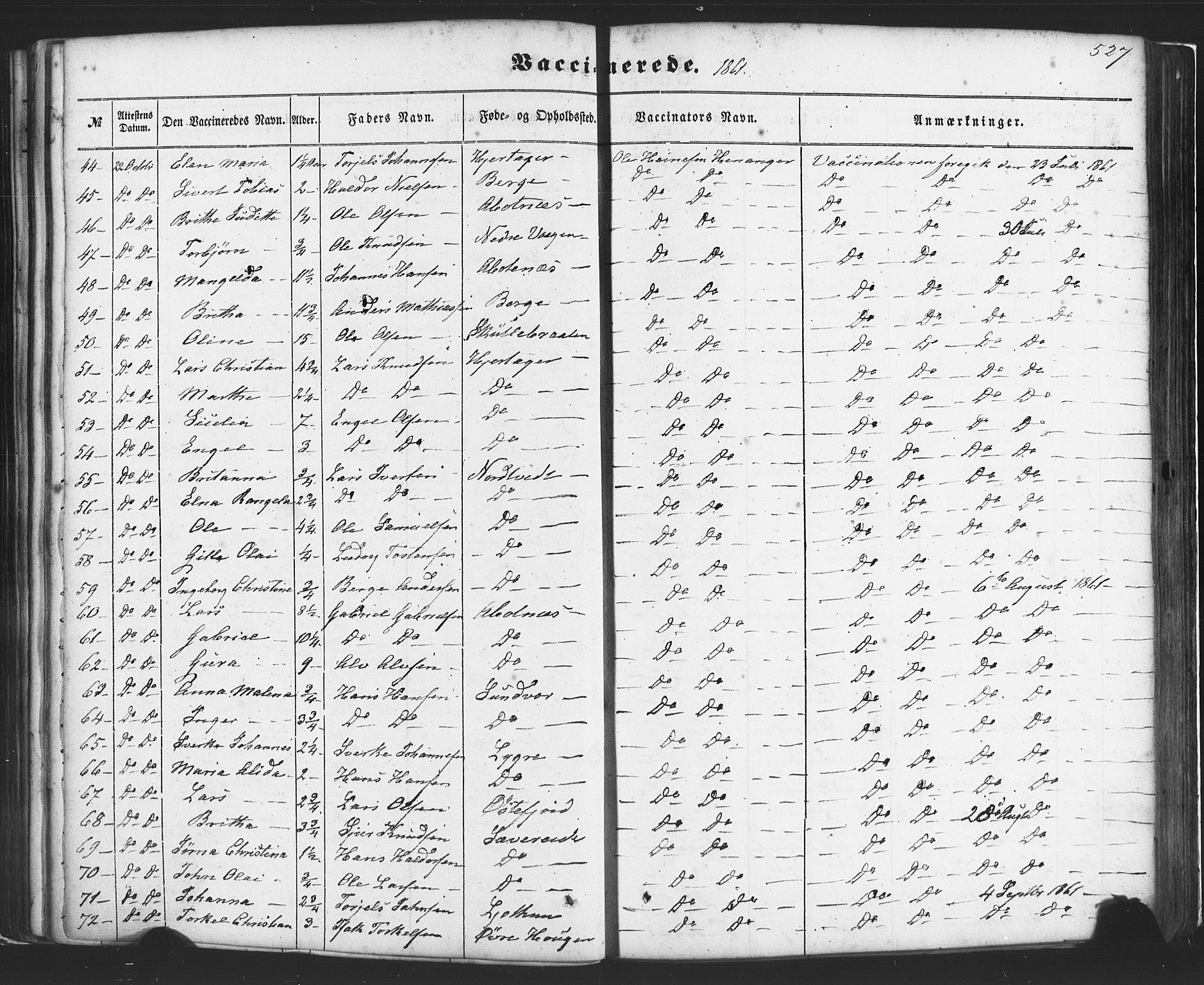 Fusa sokneprestembete, AV/SAB-A-75401/H/Haa: Parish register (official) no. A 1II, 1855-1879, p. 527