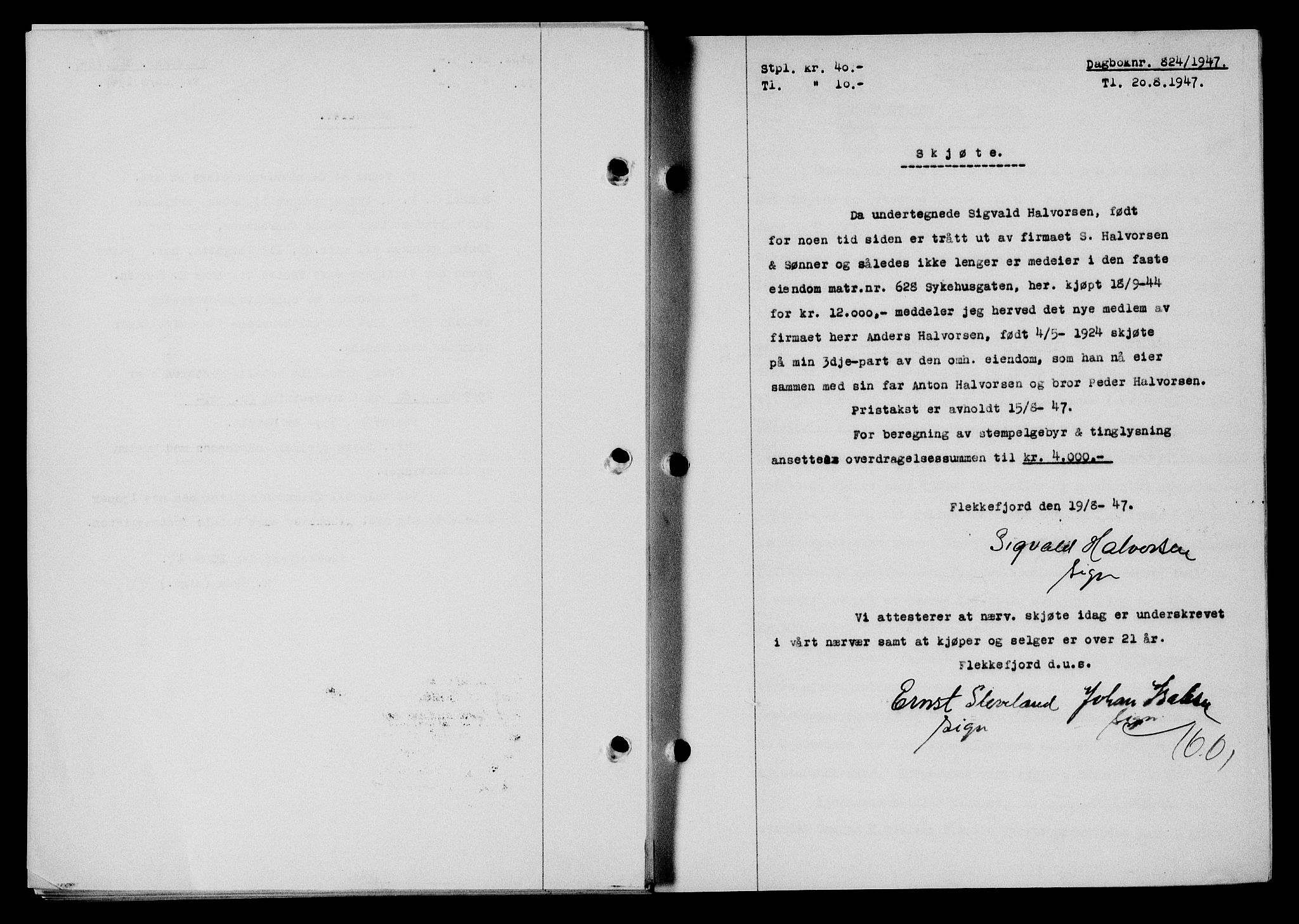 Flekkefjord sorenskriveri, SAK/1221-0001/G/Gb/Gba/L0062: Mortgage book no. A-10, 1947-1947, Diary no: : 824/1947