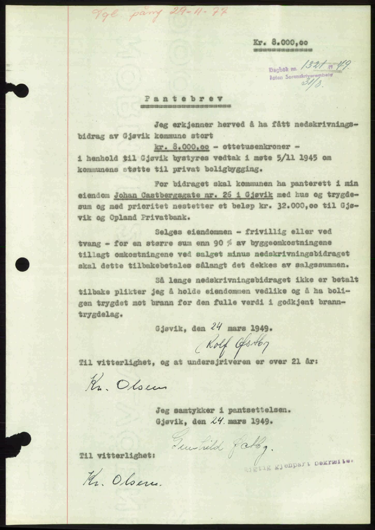 Toten tingrett, AV/SAH-TING-006/H/Hb/Hbc/L0021: Mortgage book no. Hbc-21, 1948-1949, Diary no: : 1322/1949