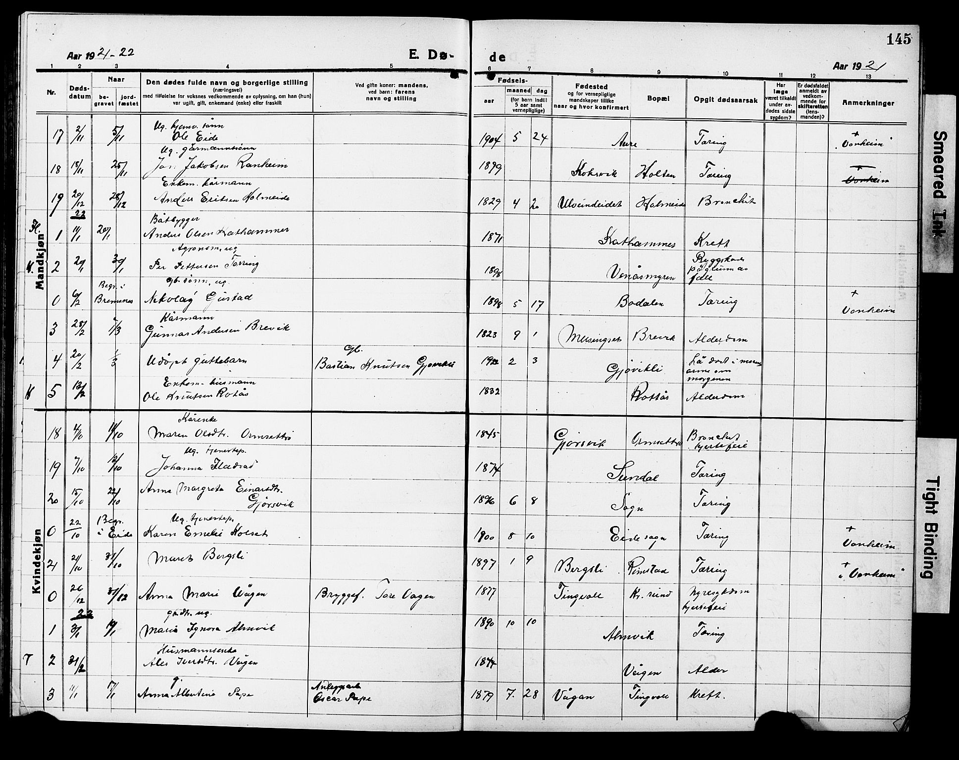 Ministerialprotokoller, klokkerbøker og fødselsregistre - Møre og Romsdal, AV/SAT-A-1454/586/L0994: Parish register (copy) no. 586C05, 1919-1927, p. 145