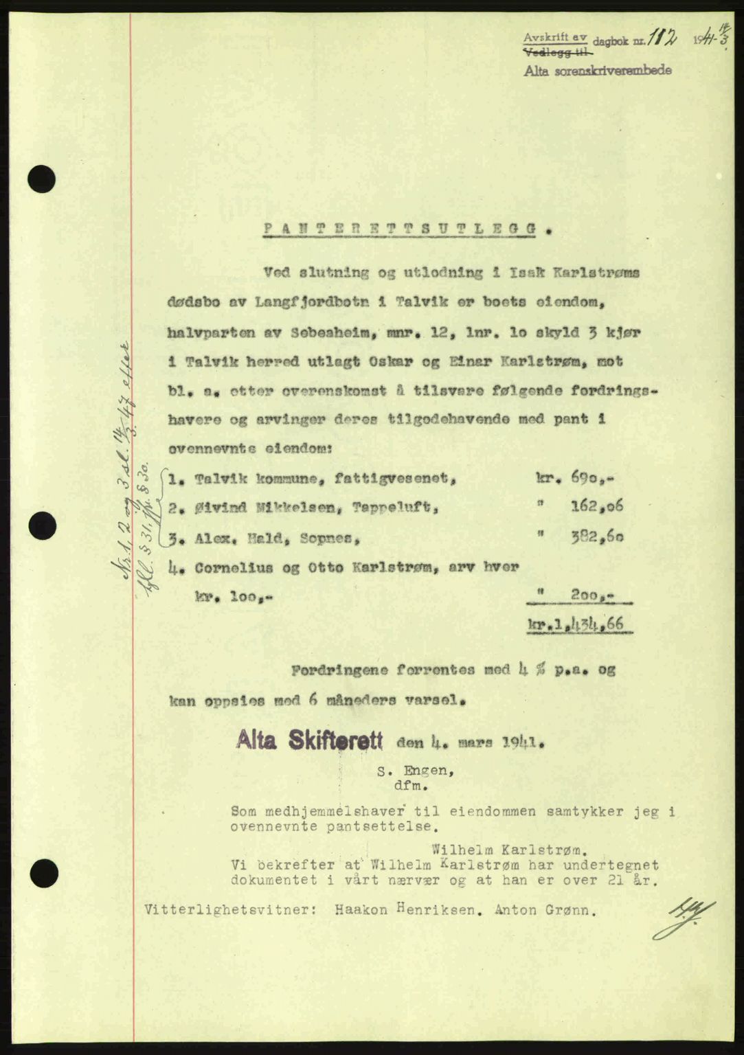 Alta fogderi/sorenskriveri, SATØ/SATØ-5/1/K/Kd/L0033pantebok: Mortgage book no. 33, 1940-1943, Diary no: : 112/1941