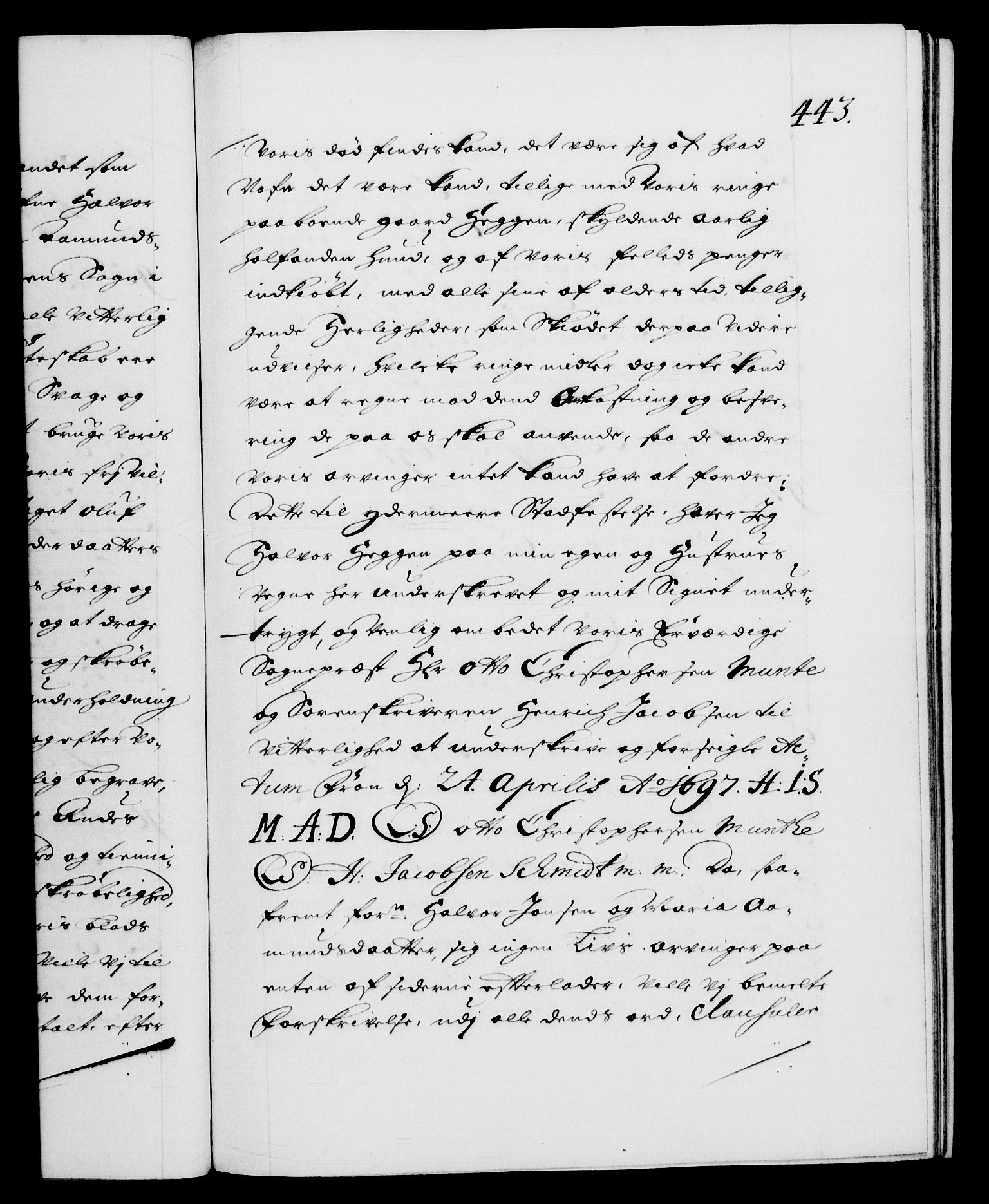 Danske Kanselli 1572-1799, AV/RA-EA-3023/F/Fc/Fca/Fcaa/L0016: Norske registre (mikrofilm), 1692-1697, p. 443a