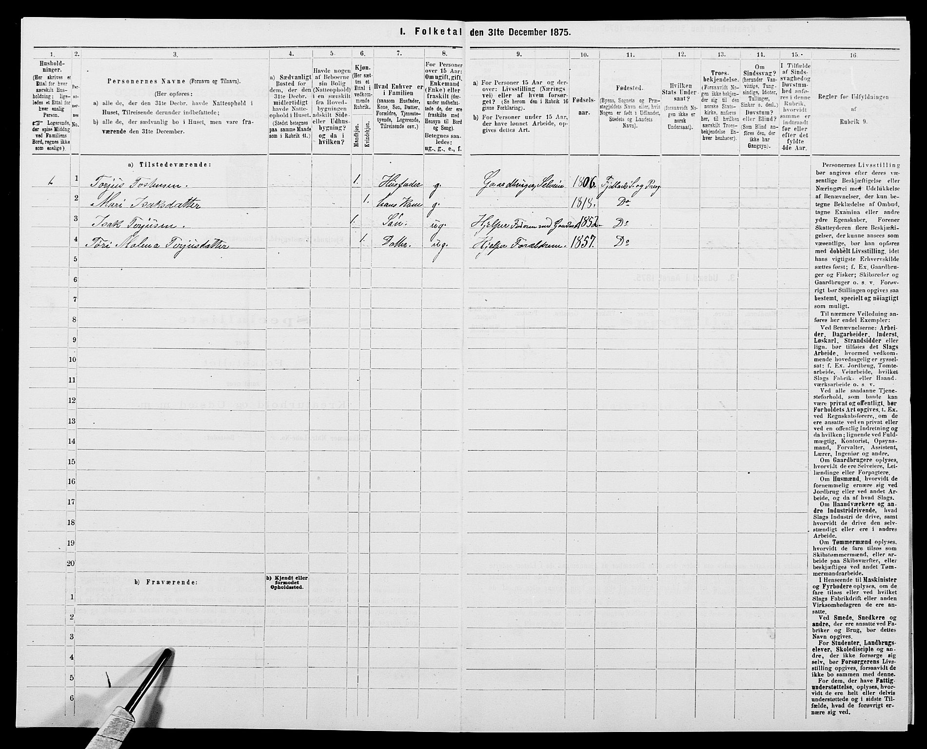 SAK, 1875 census for 1036P Fjotland, 1875, p. 164