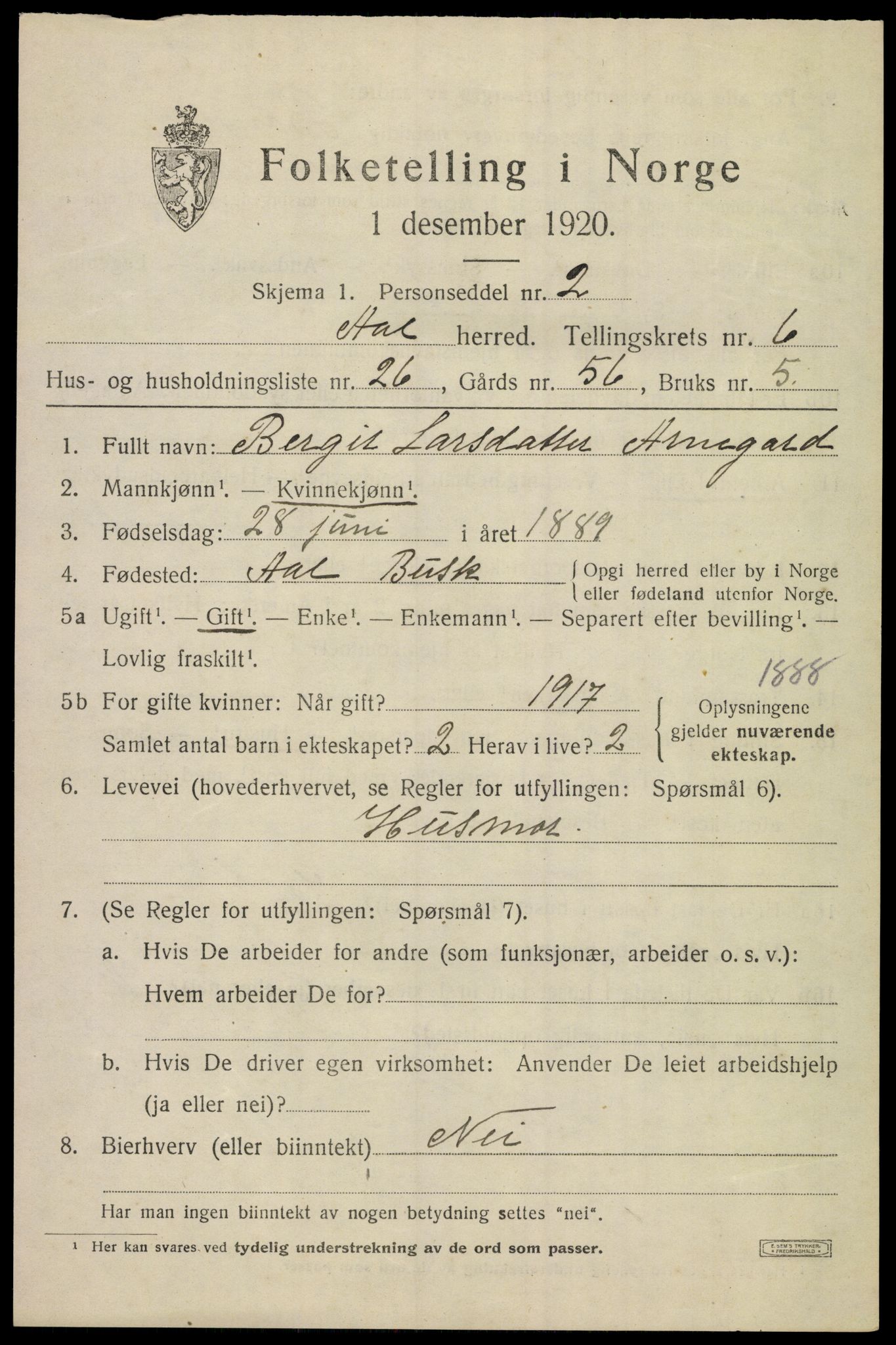 SAKO, 1920 census for Ål, 1920, p. 4622