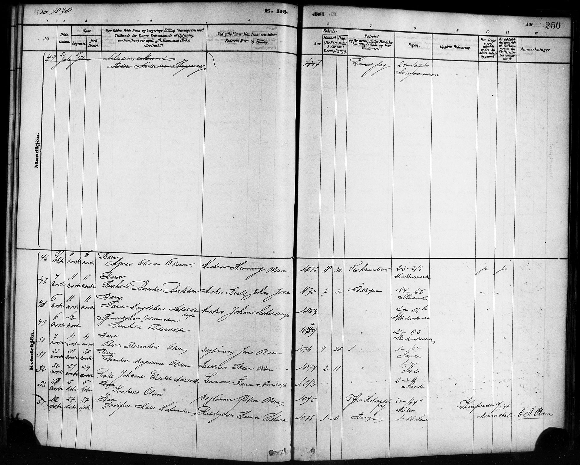 Sandviken Sokneprestembete, SAB/A-77601/H/Ha/L0002: Parish register (official) no. A 2, 1878-1896, p. 250